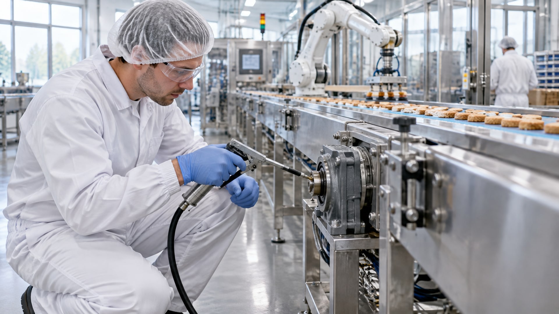 Рабочий наносит пищевую смазку nsf h1 на механизм конвейерной ленты на упаковочной линии.
