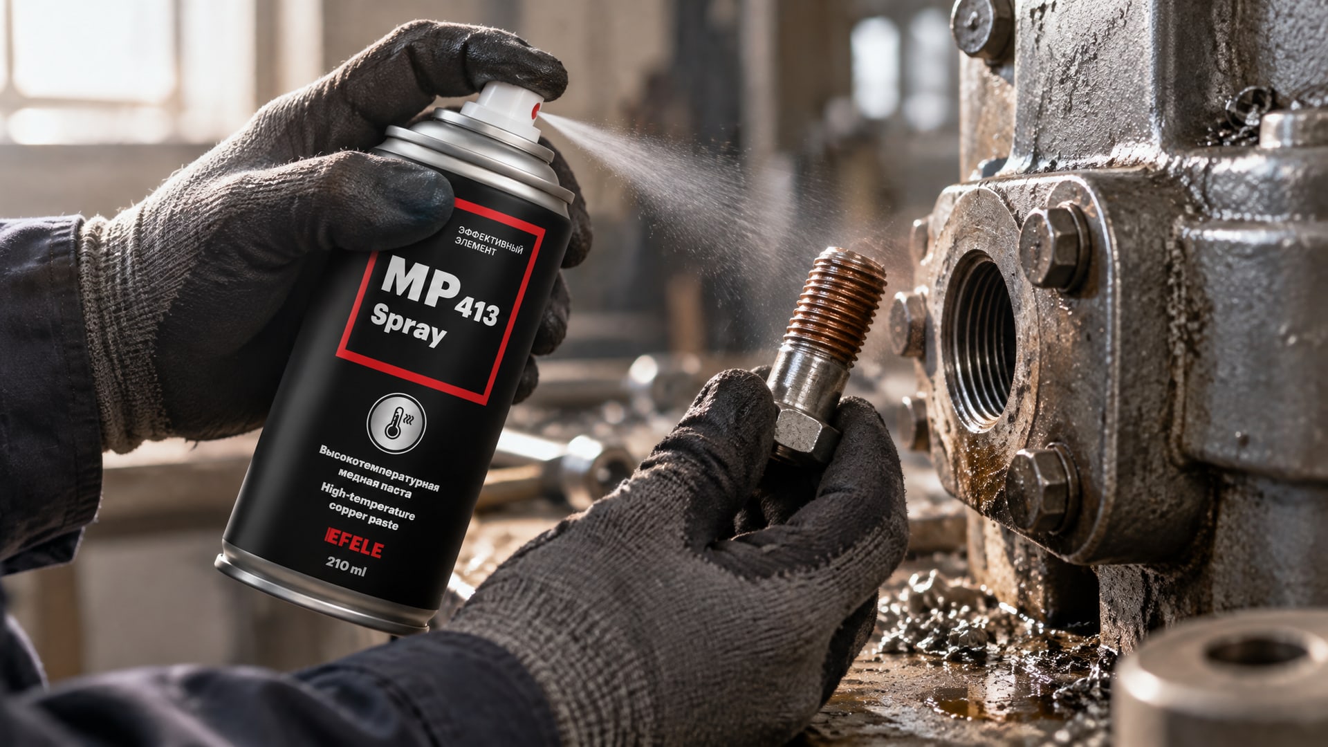 Рука в перчатке наносит EFELE MP-413 Spray (медная паста) на резьбу.