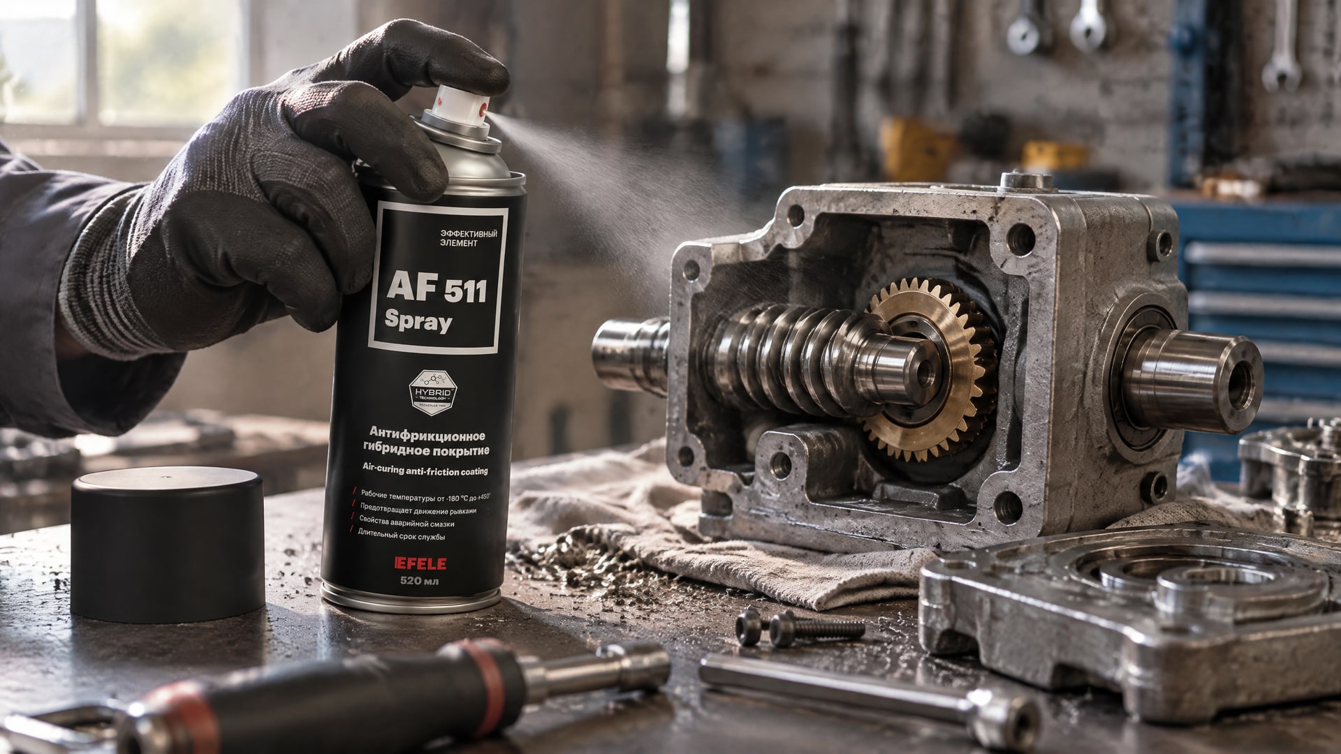 Рука в перчатке наносит EFELE AF-511 Spray на упаковку продукта.