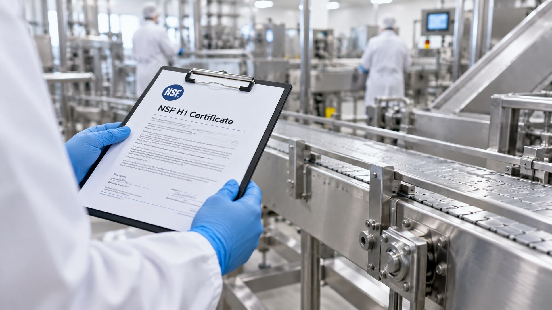 Работник в перчатках изучает сертификат NSF H1 возле конвейерной ленты, подтверждающий, что применяется смазка H1 аудит HACCP.