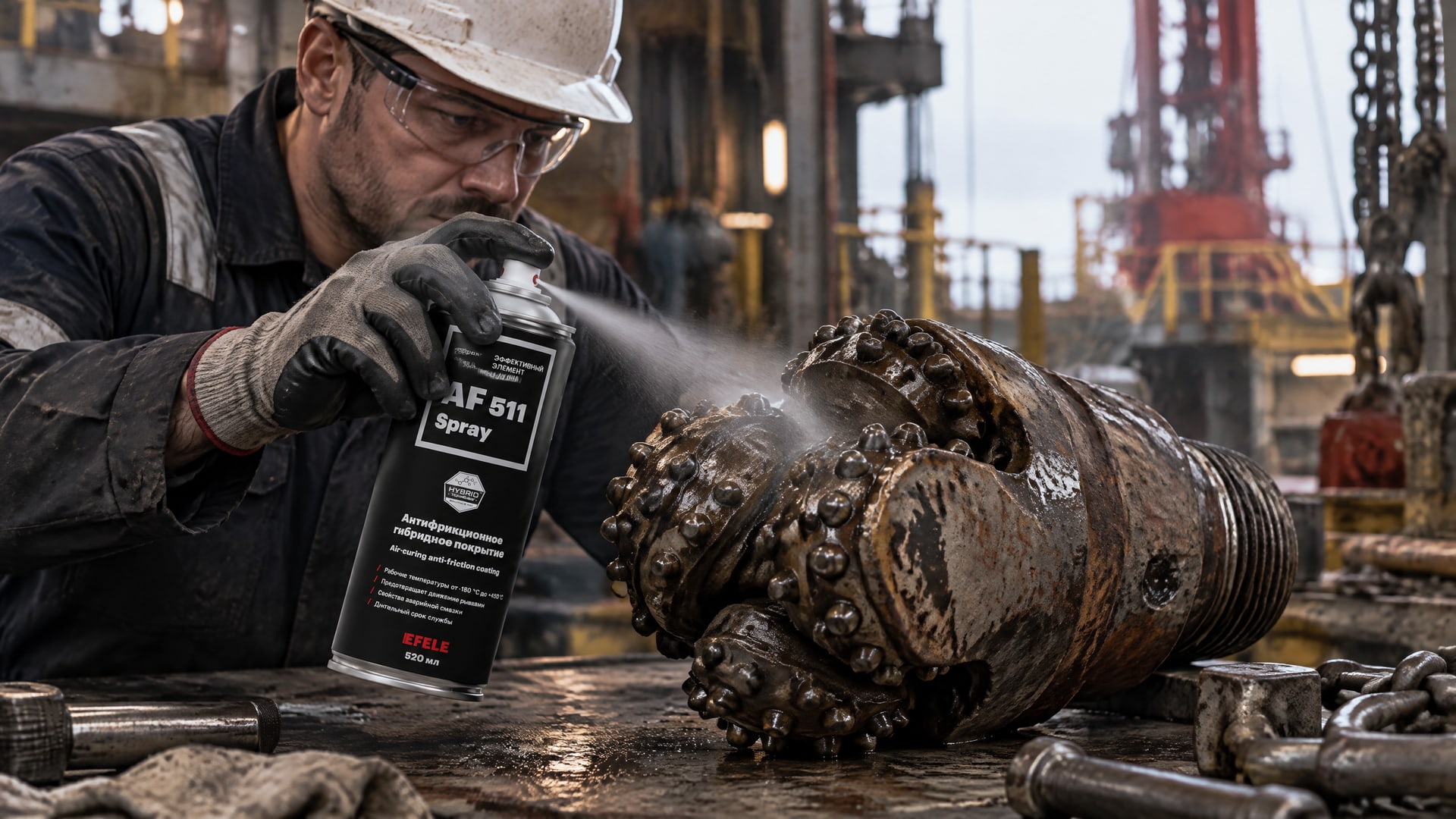 Рука наносит антифрикционное сухое покрытие EFELE AF-511 Spray для продления срока службы.