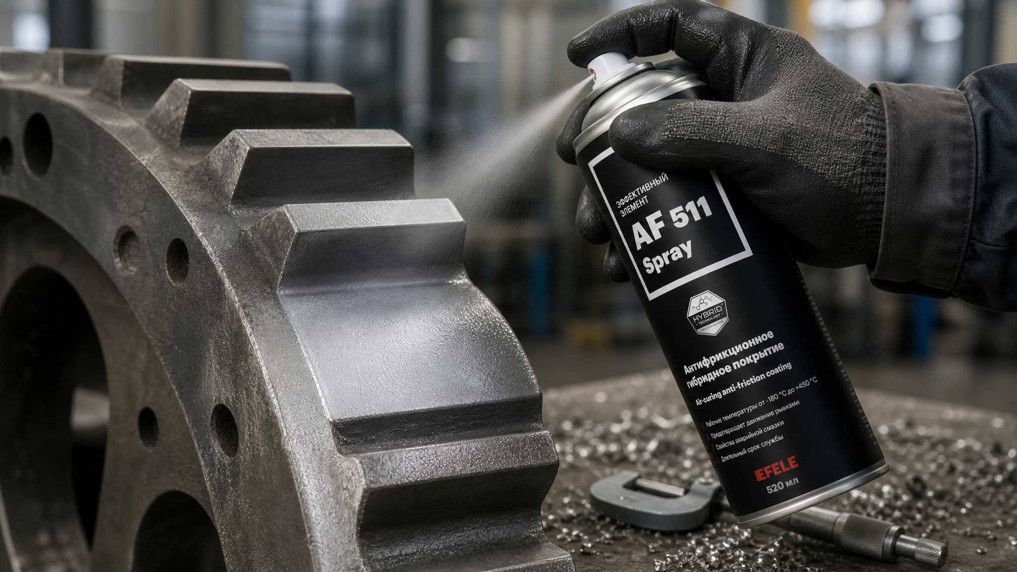 Нанесение антифрикционного сухого EFELE AF-511 Spray на зубцы крана.
