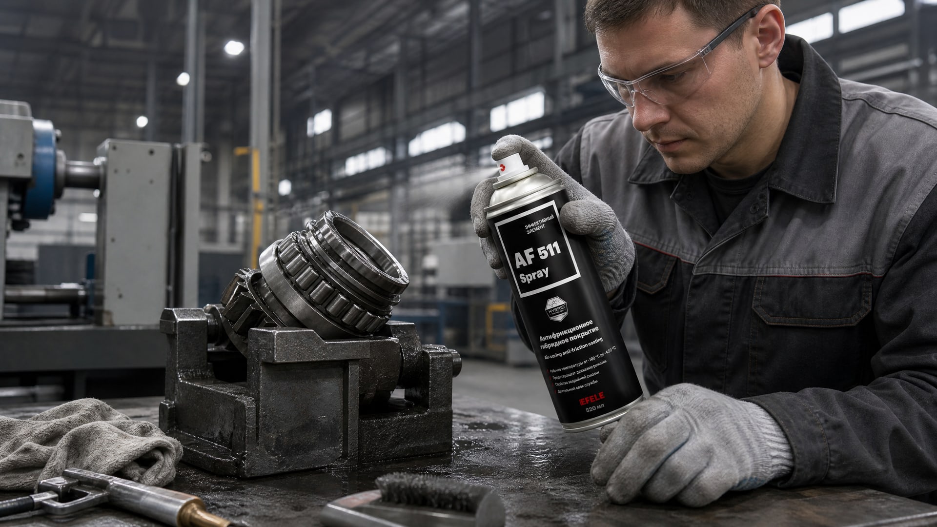 Рука в перчатке наносит EFELE AF-511 Spray (антифрикционное сухое) на деталь.