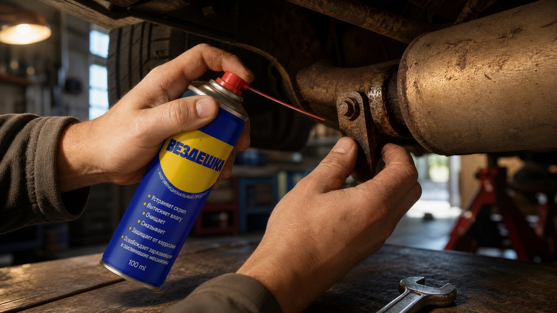Рука наносит универсальную смазку WD40 на резьбовые соединения.