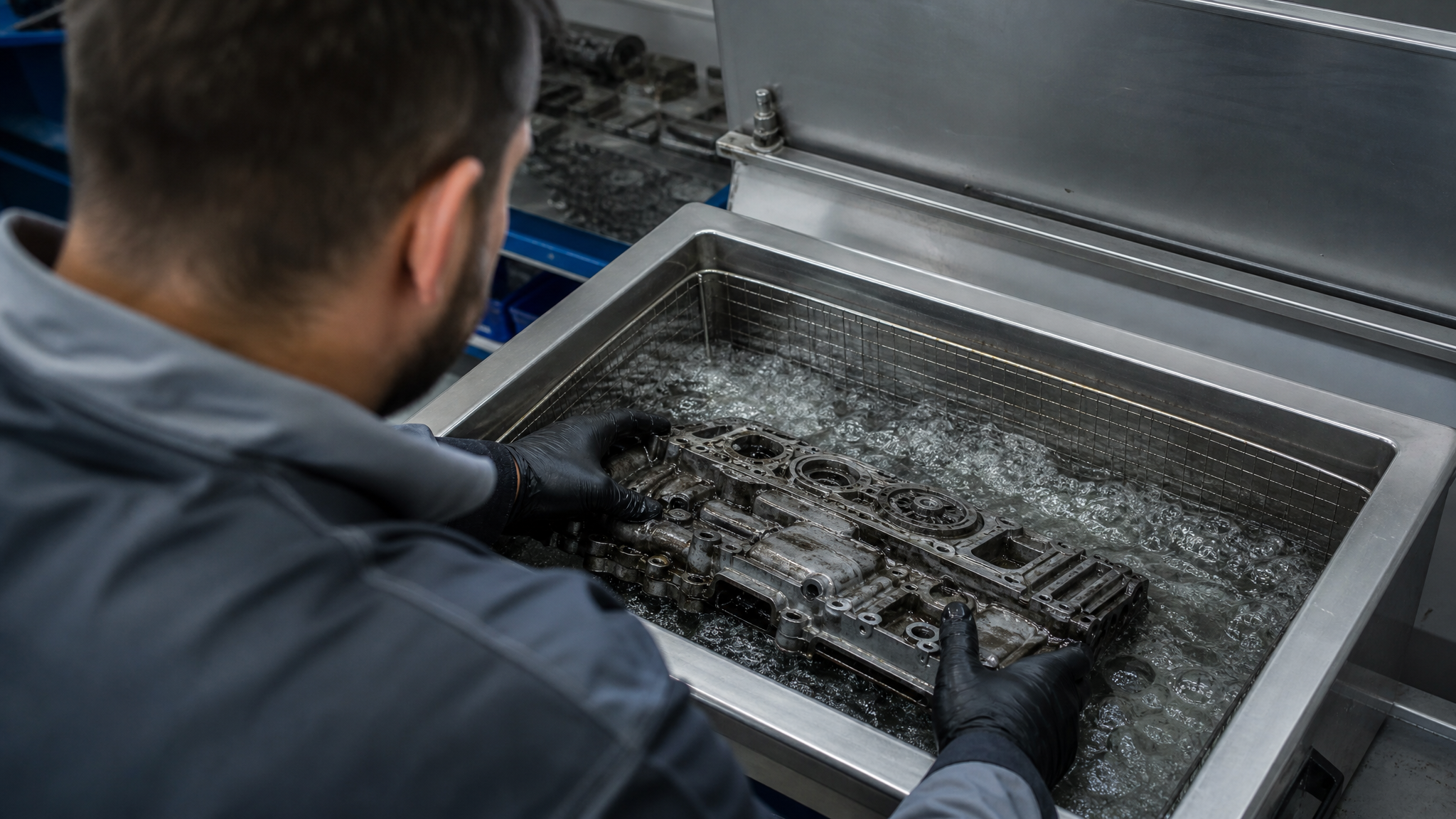 Деталь погружена в ультразвуковую ванну для очистки, восстановление изношенных деталей.