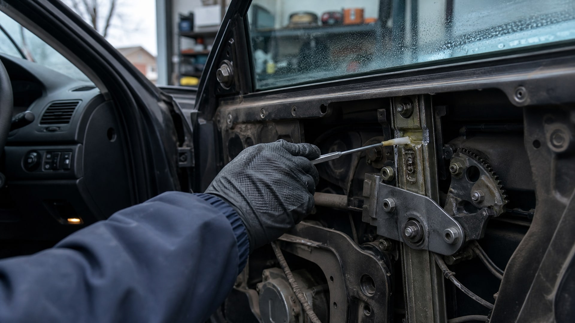 Перчатка на руке наносит смазку на грязный механизм автомобильного стеклоподъемника.