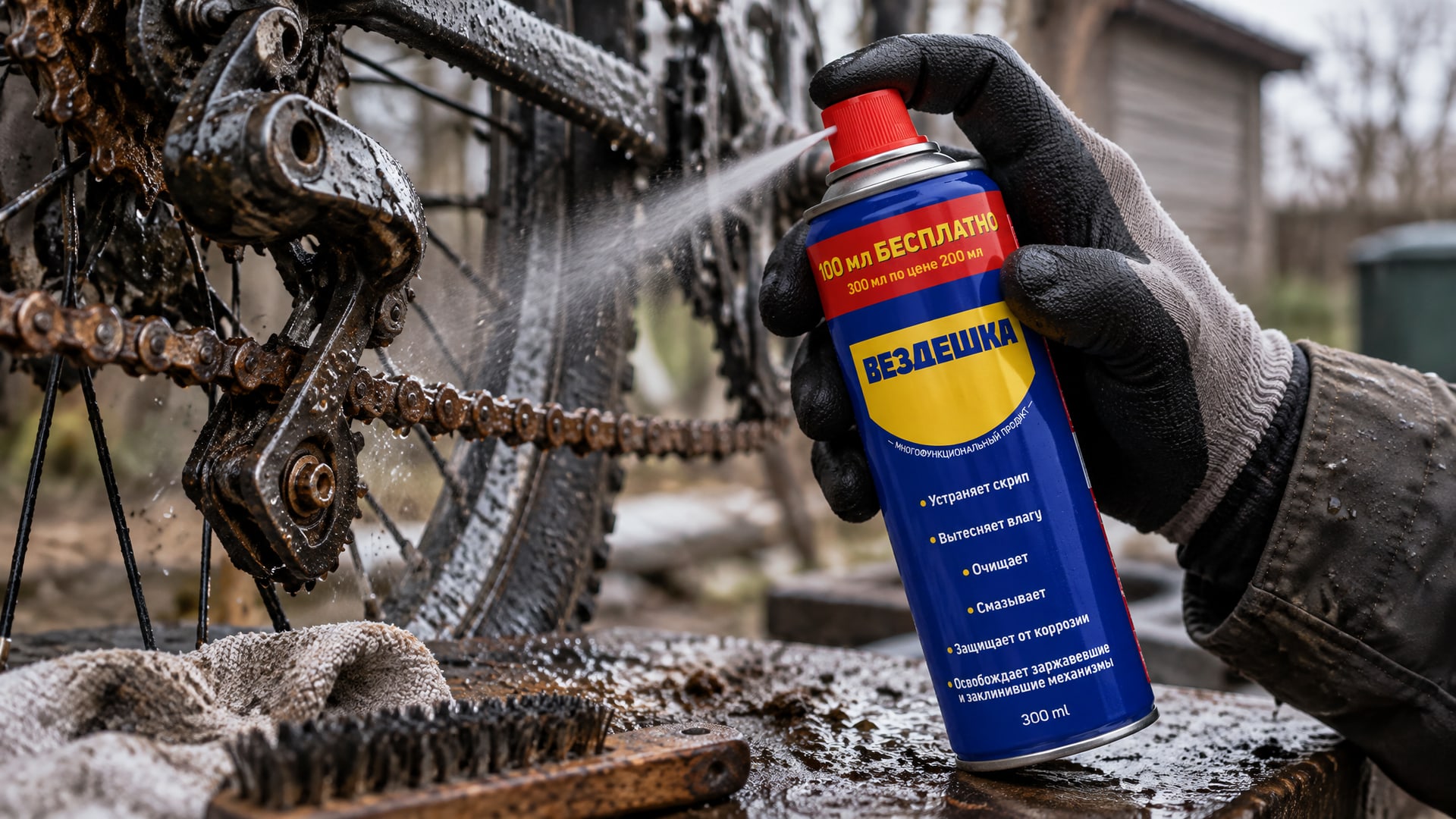 Рука в перчатке наносит универсальную смазку wd-40 на резьбовое соединение.