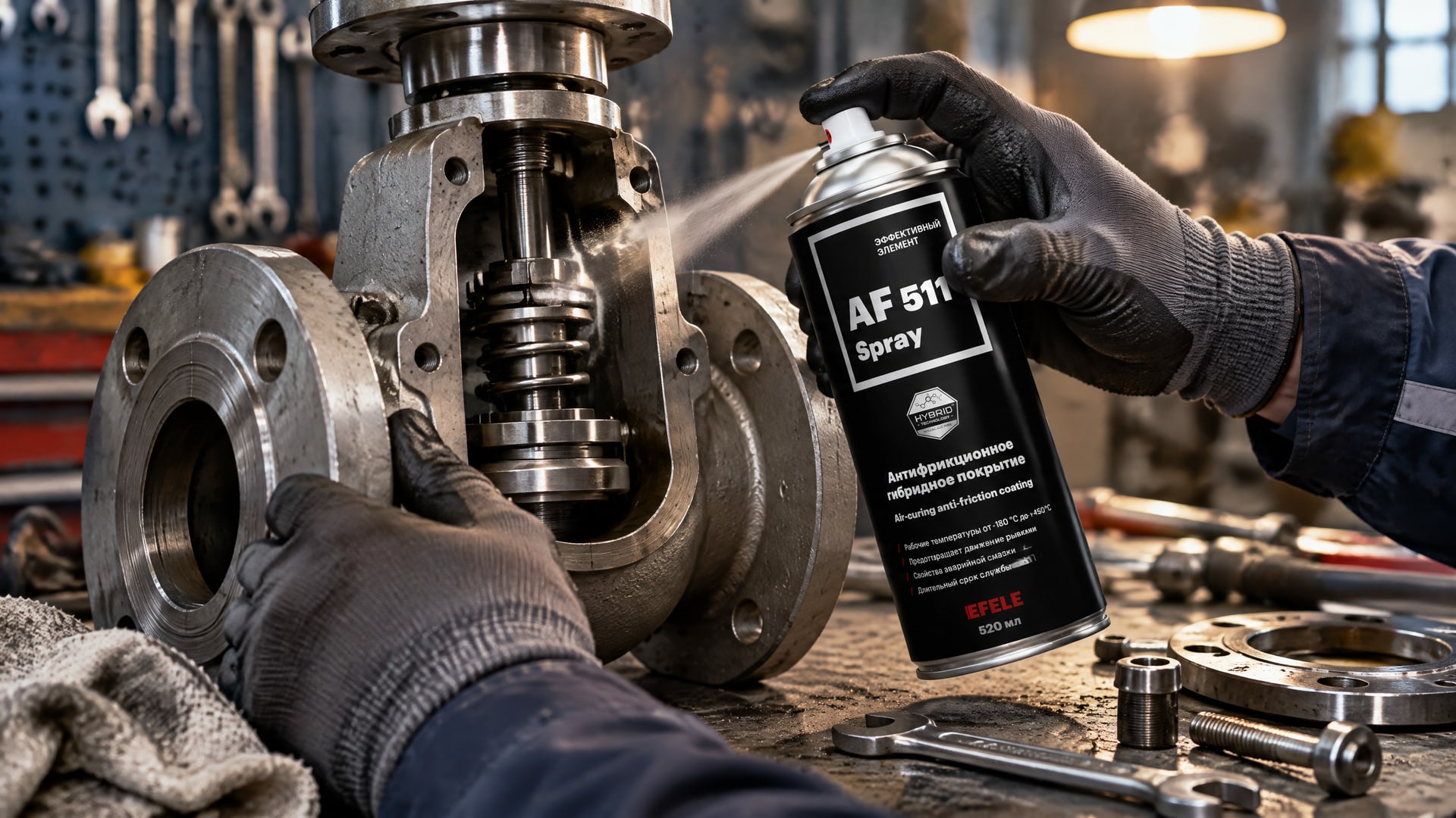 Рука в перчатке распыляет EFELE AF-511 Spray, снижая коэффициент трения смазки.