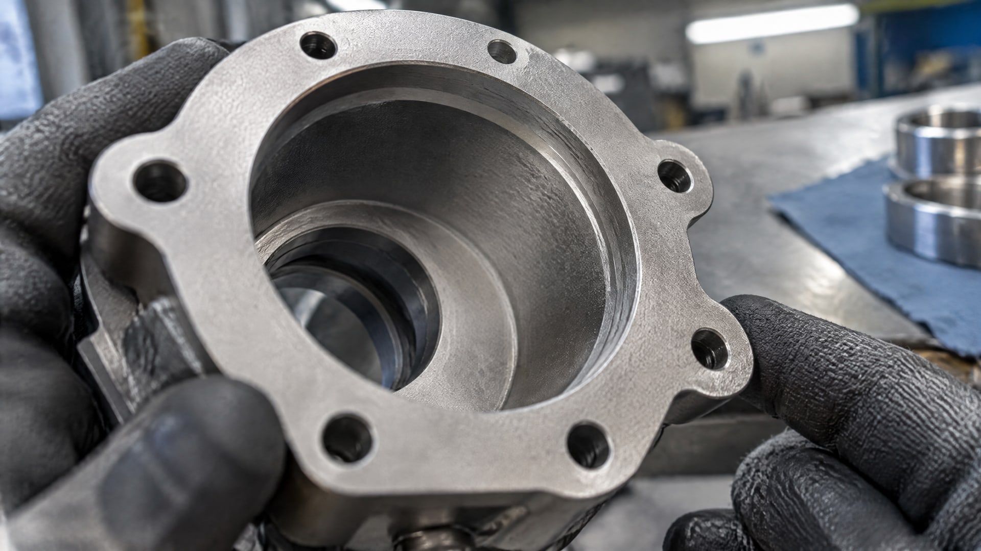 Шероховатая поверхность стальной детали после микропескоструйной подготовки для нанесения покрытия.