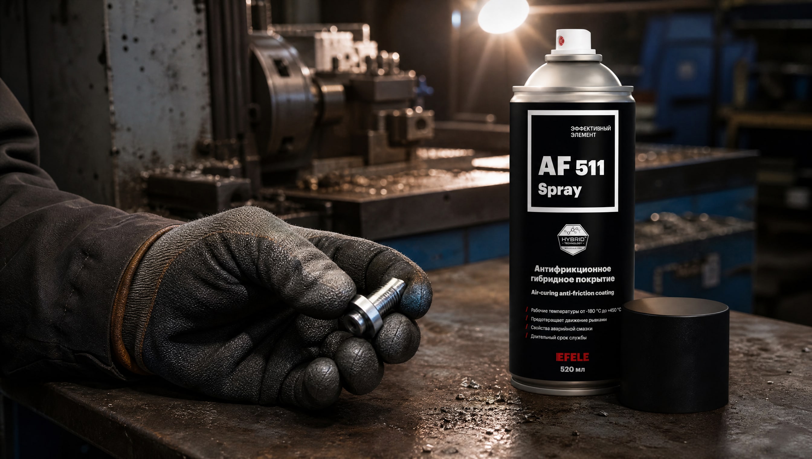 Рука в перчатке наносит EFELE AF-511 Spray (антифрикционное сухое) на метизы.