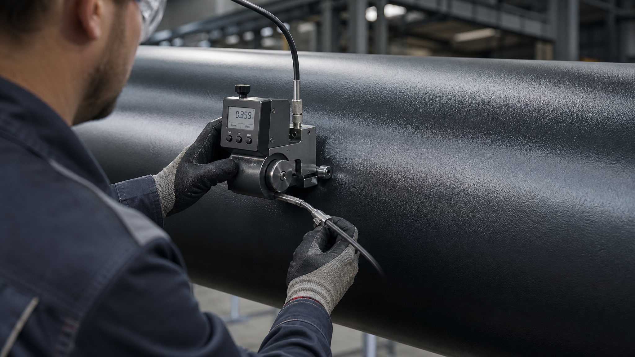 Инженер измеряет коэффициент трения обработанной поверхности нефтегазового оборудования, покрытой твердосмазочным покрытием.