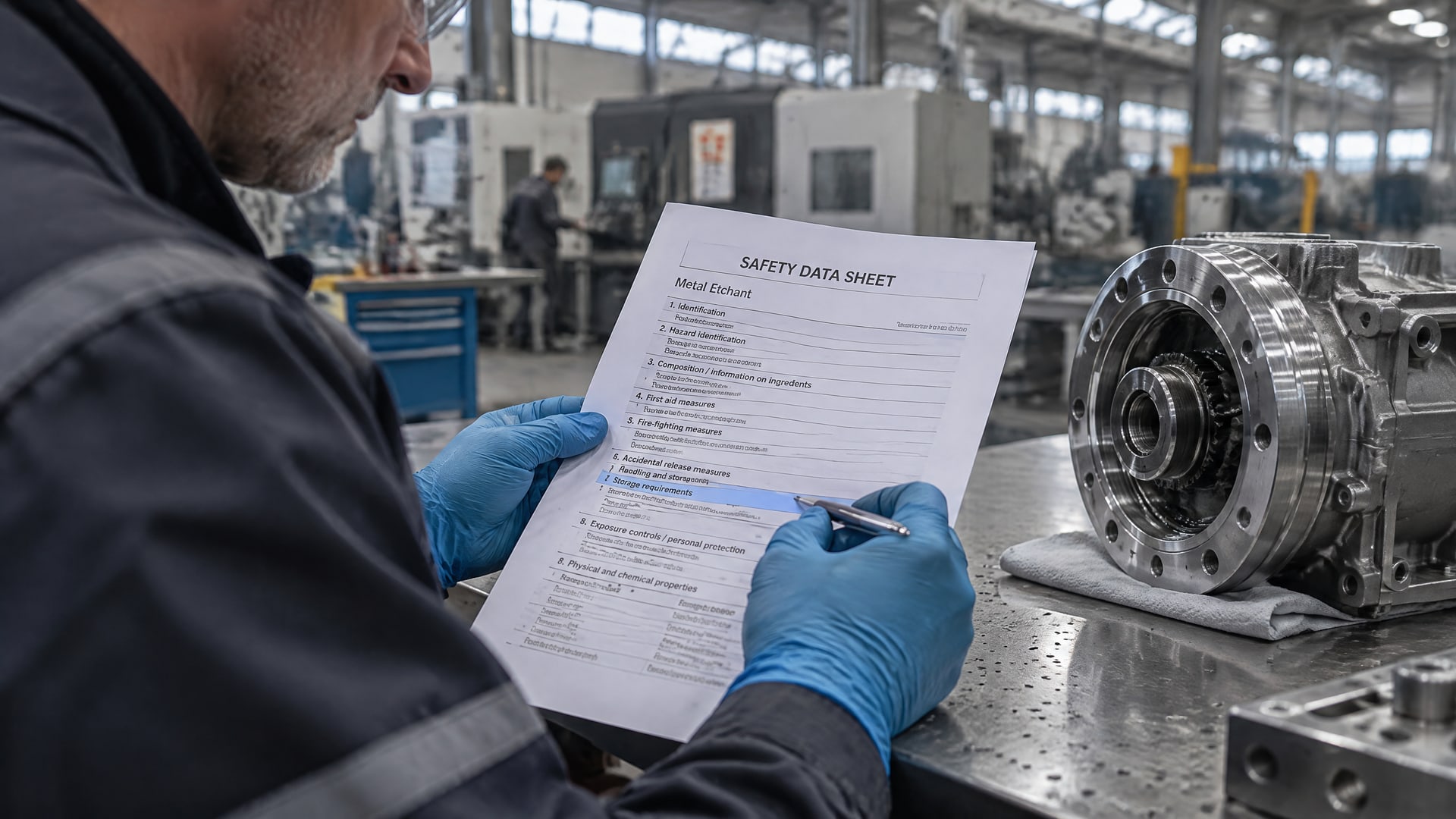 Работник в перчатках изучает паспорт безопасности на травитель tetra-etch цена, отмечая требования по хранению.