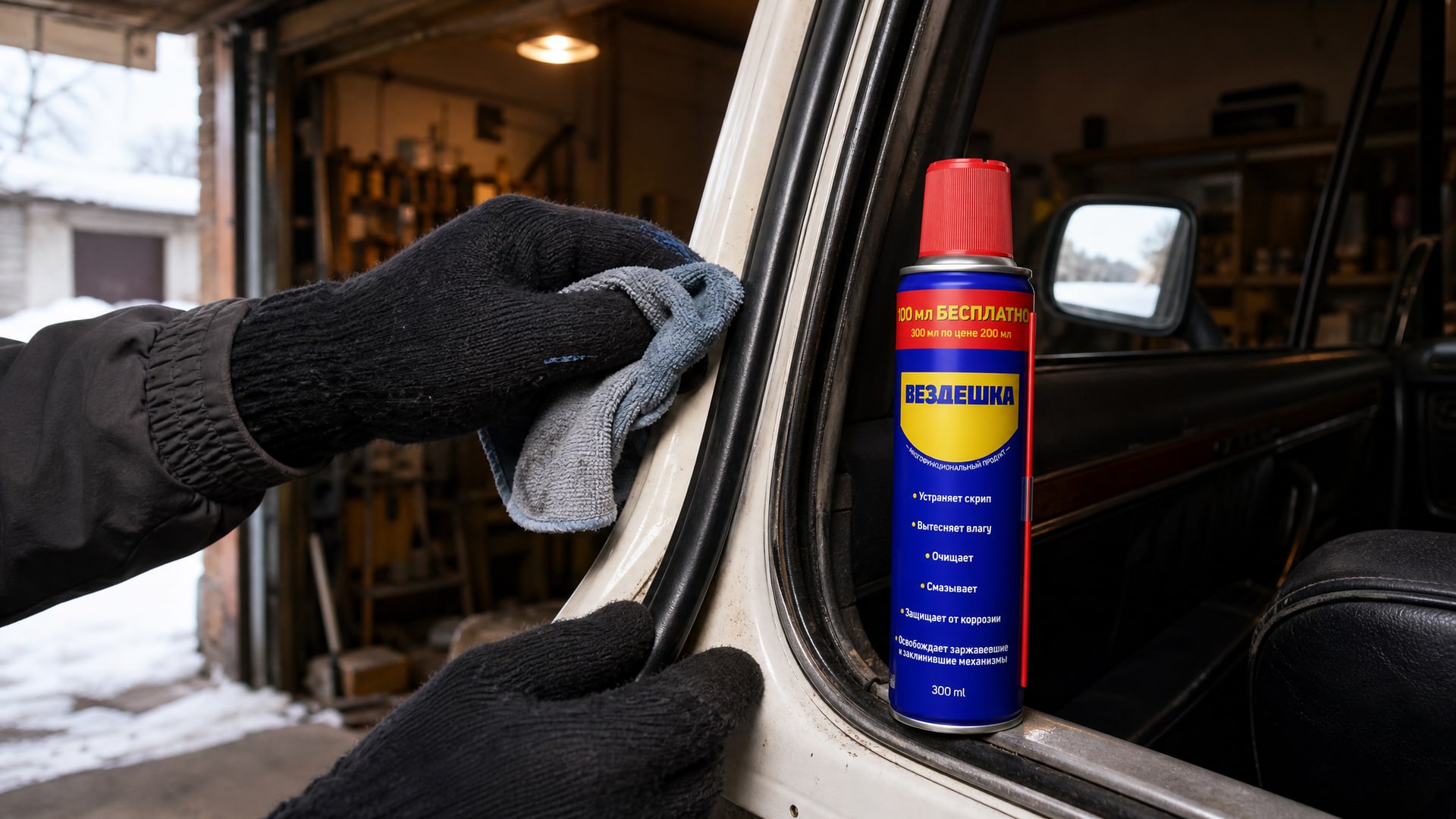 Рука в перчатке наносит универсальную смазку WD40.
