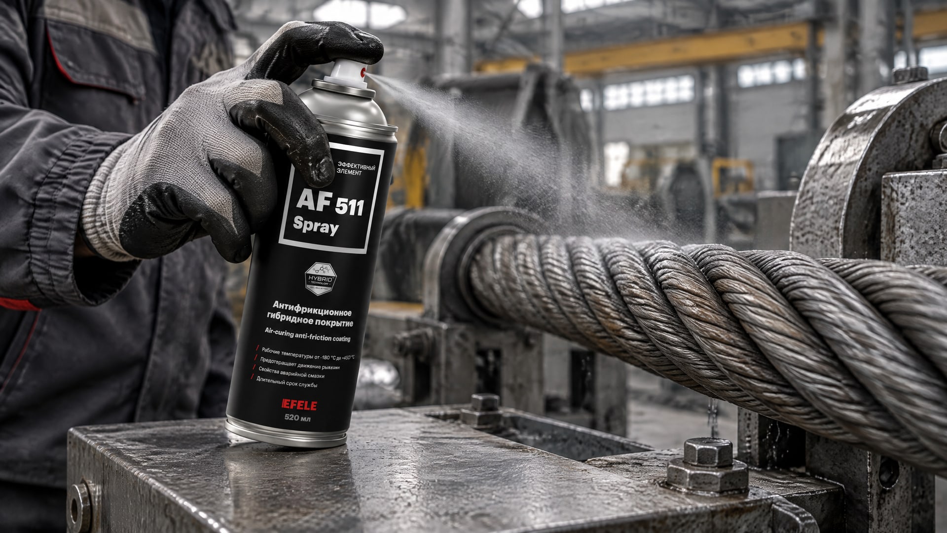 Нанесение EFELE AF-511 Spray на стальные канаты; рука в перчатке наносит состав.