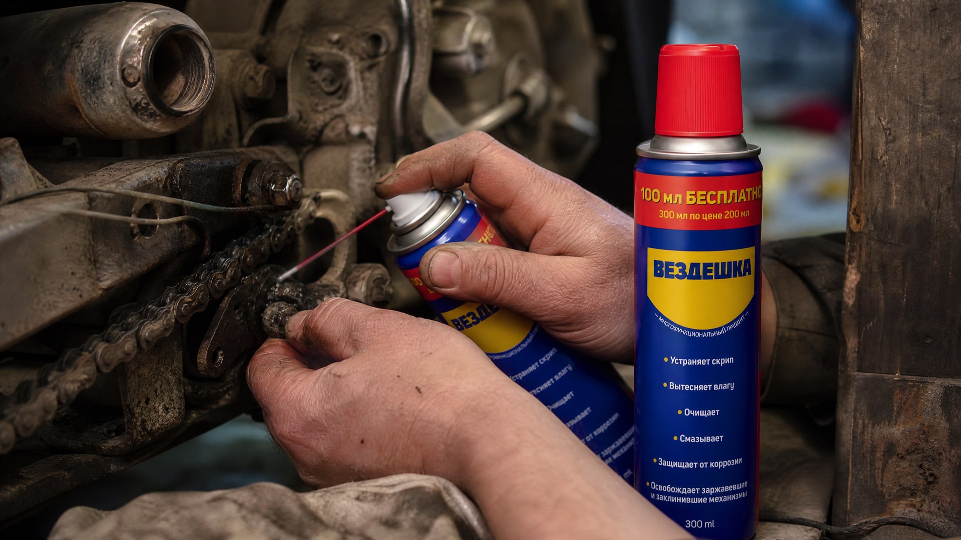 Рука в перчатке наносит универсальную смазку WD40 на заржавевшие болты.