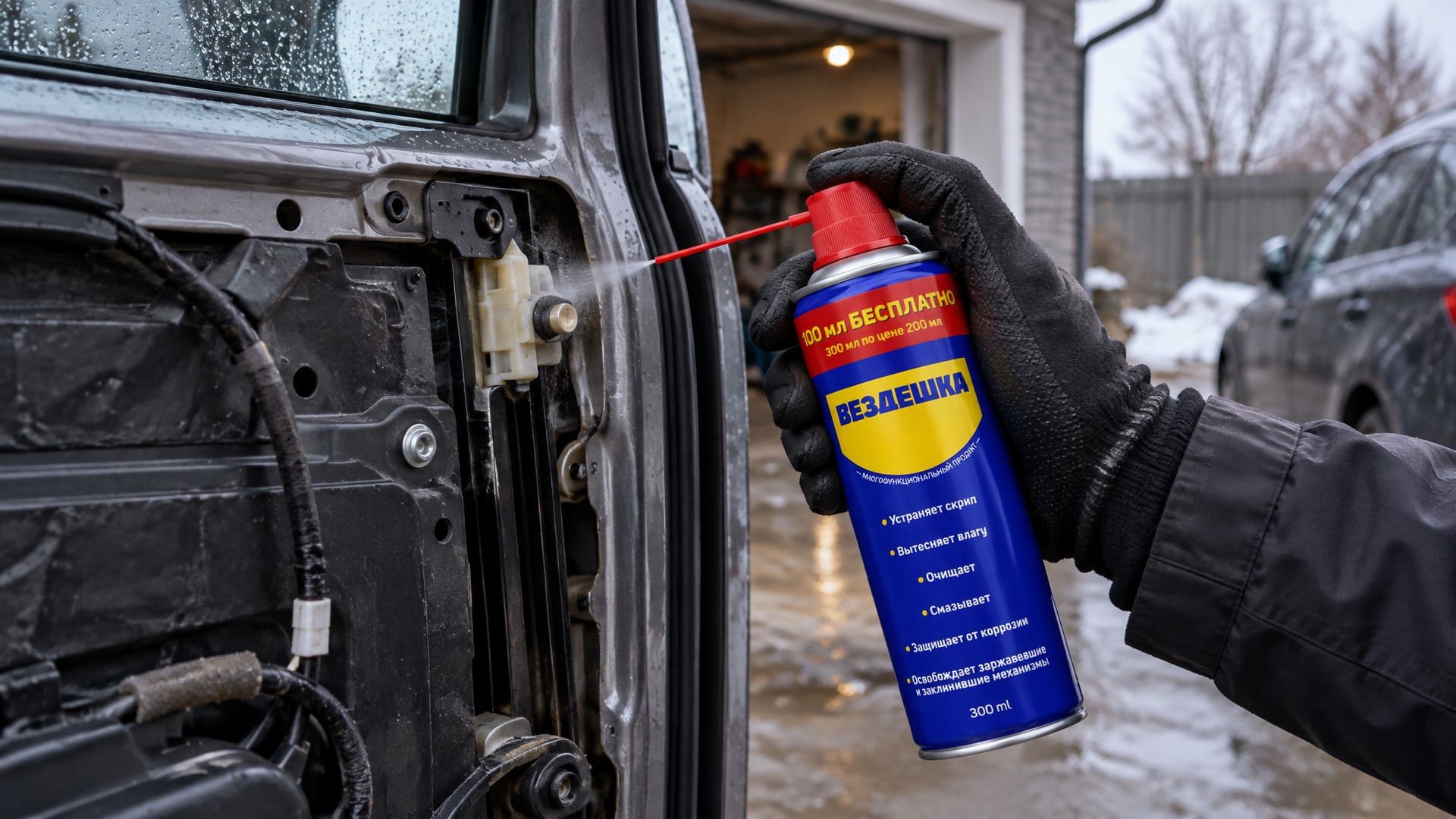 Рука в перчатке наносит универсальную смазку wd-40 на деталь.