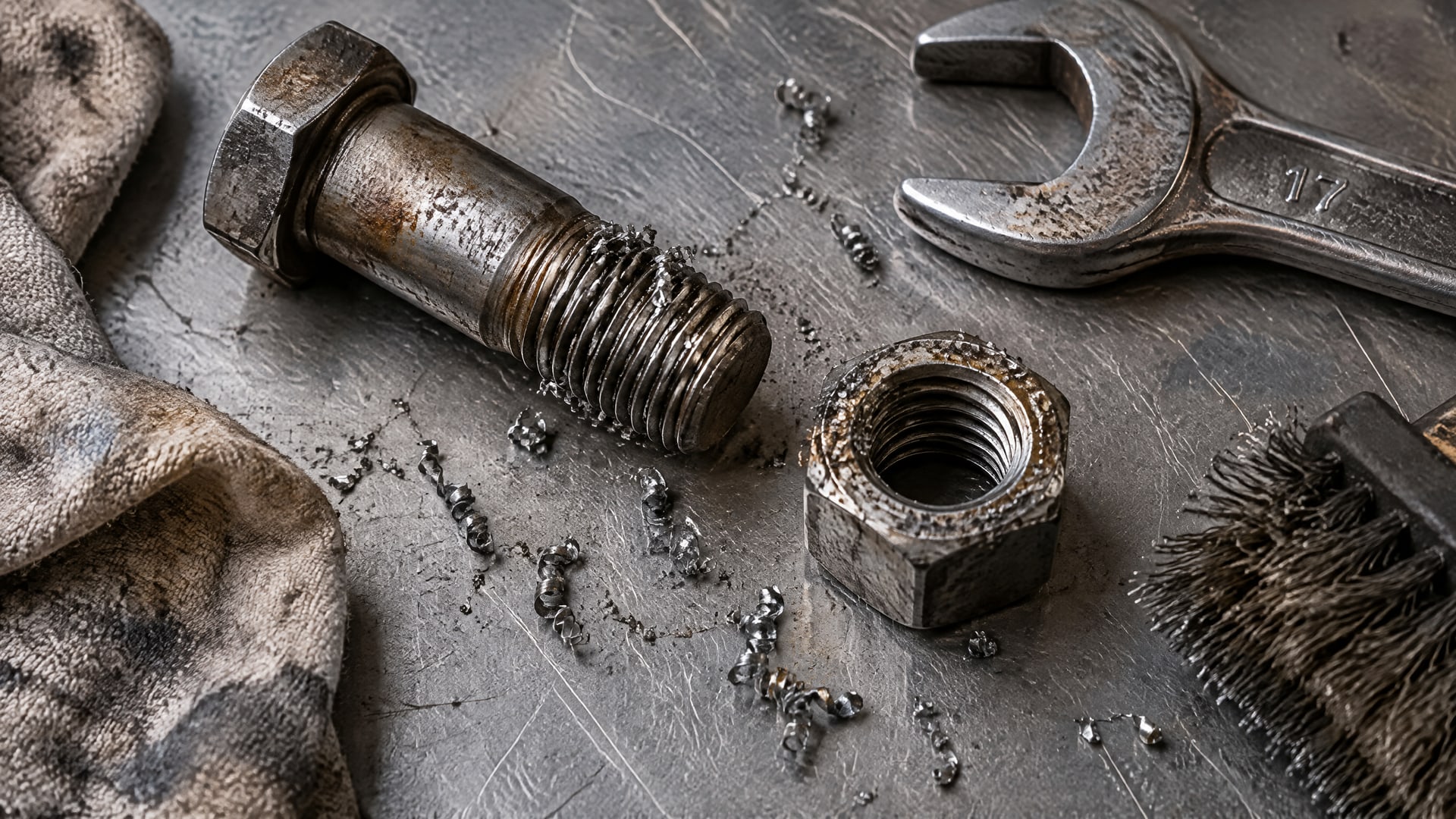 На disassembled threaded metal connection, лежащий на грязной поверхности, с видимыми отложениями и металлической стружкой.