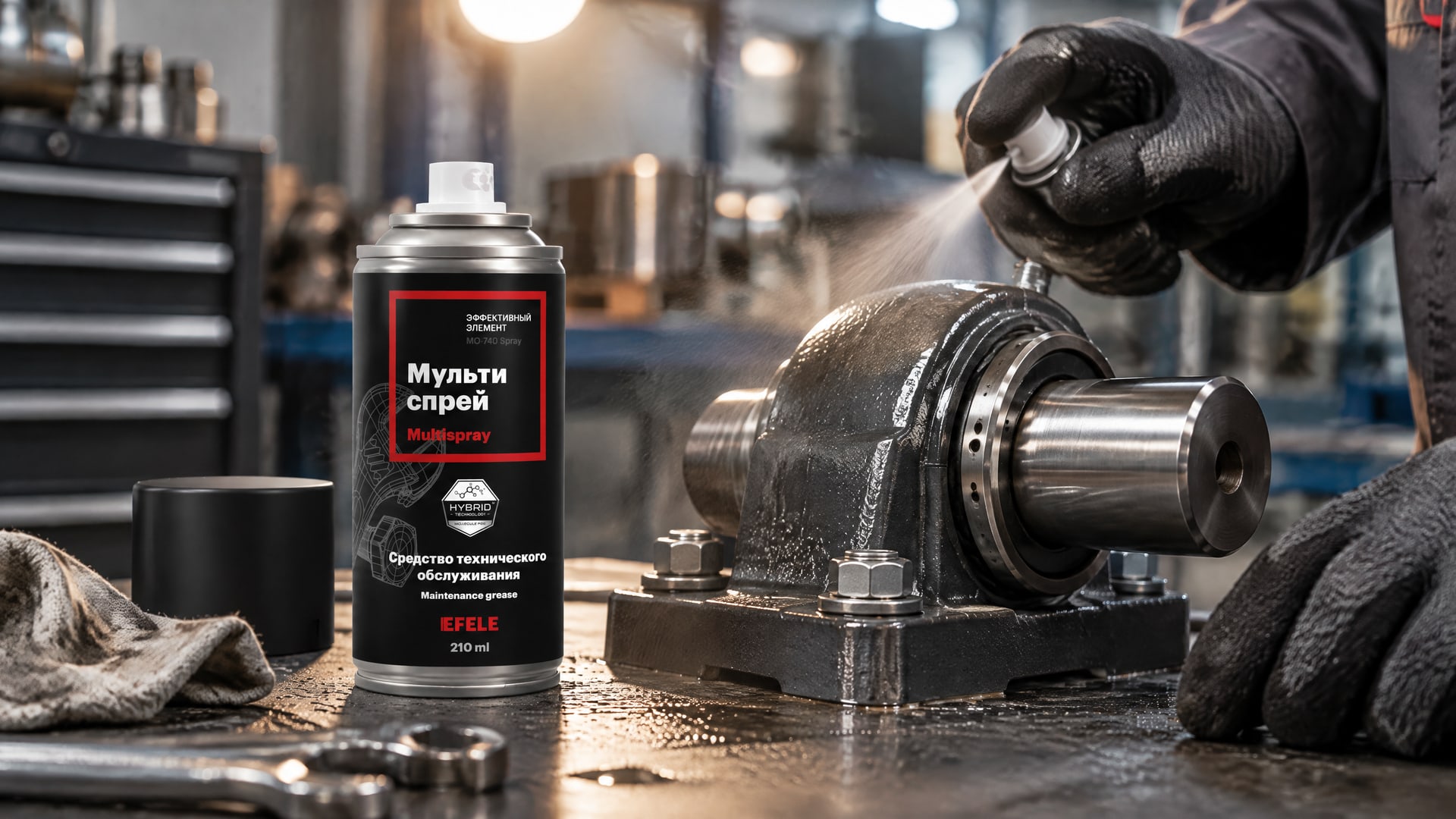 Рука наносит EFELE MO-740 Spray для защиты оборудования от коррозии