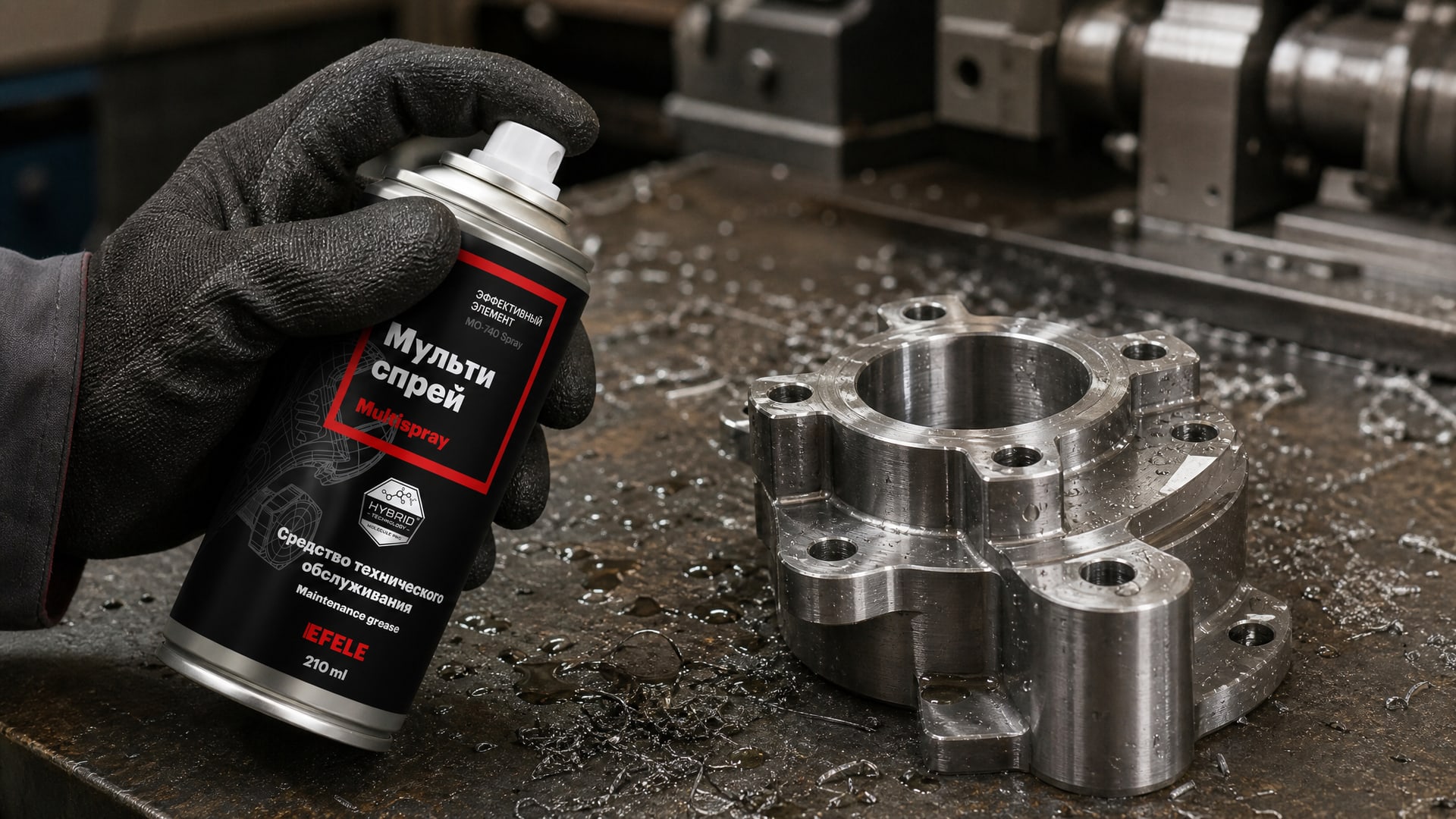 Рука наносит EFELE MO-740 Spray для антикоррозийной обработки.