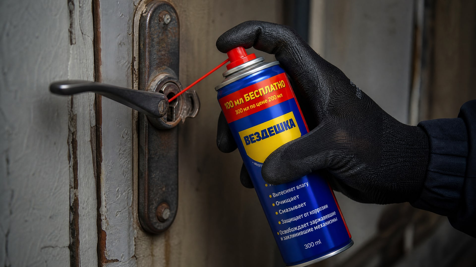 Рука в перчатке наносит универсальную смазку wd-40 на дверной замок.