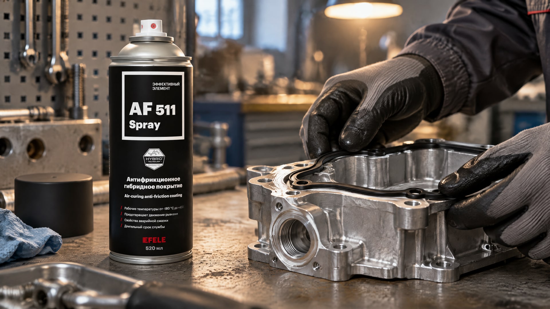 Рука наносит EFELE AF-511 Spray на корпус, обеспечивая скольжение прокладки.