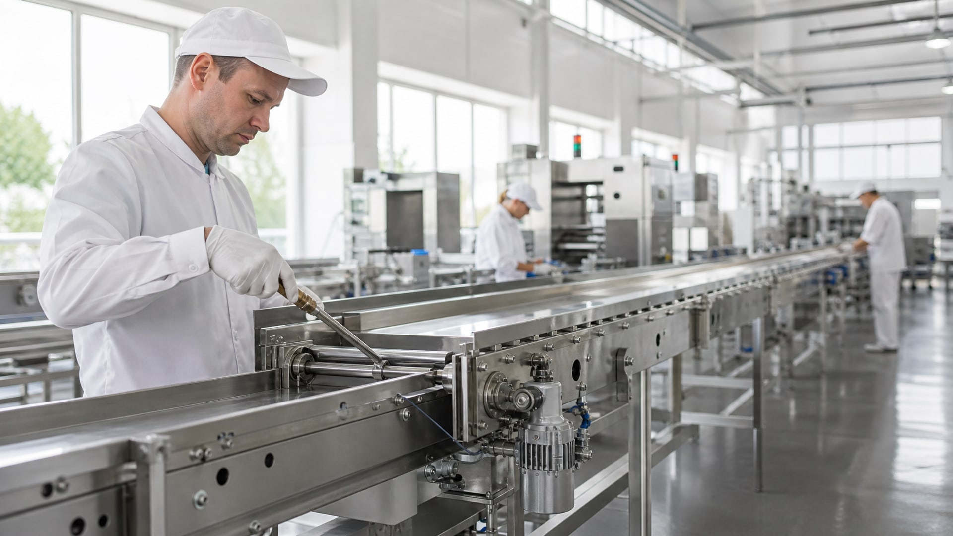 Чистая пищевая линия с конвейером и работниками в светлых цеховых условиях.