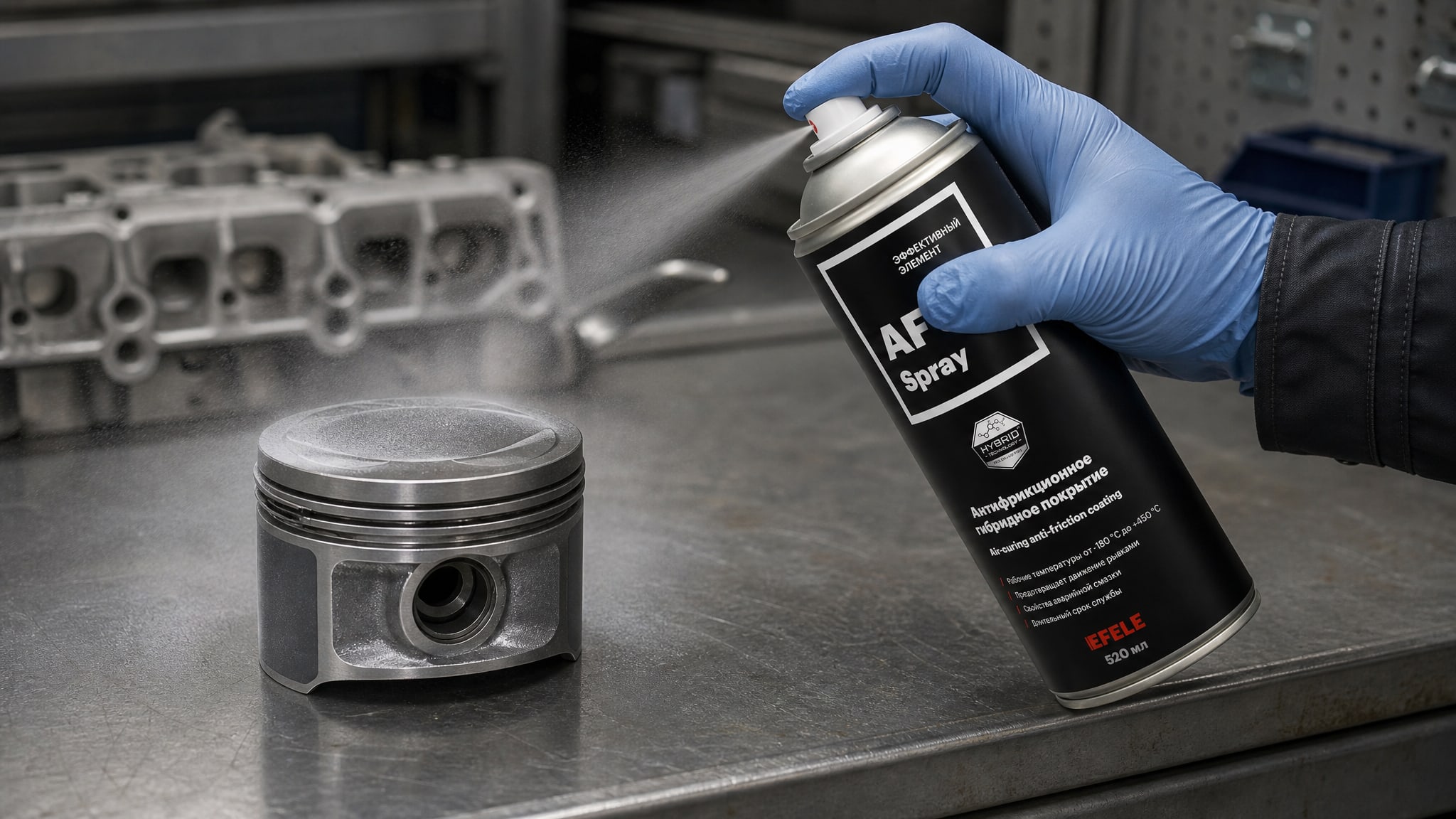 Рука наносит EFELE AF-511 Spray (антифрикционное сухое) на деталь двигателя.