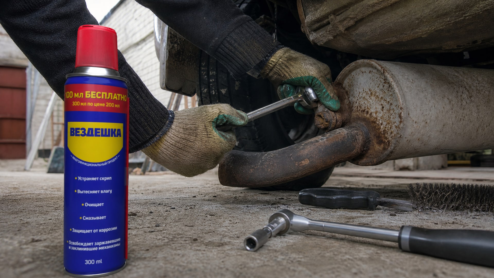 Рука в перчатке наносит универсальную смазку wd-40 на болт.