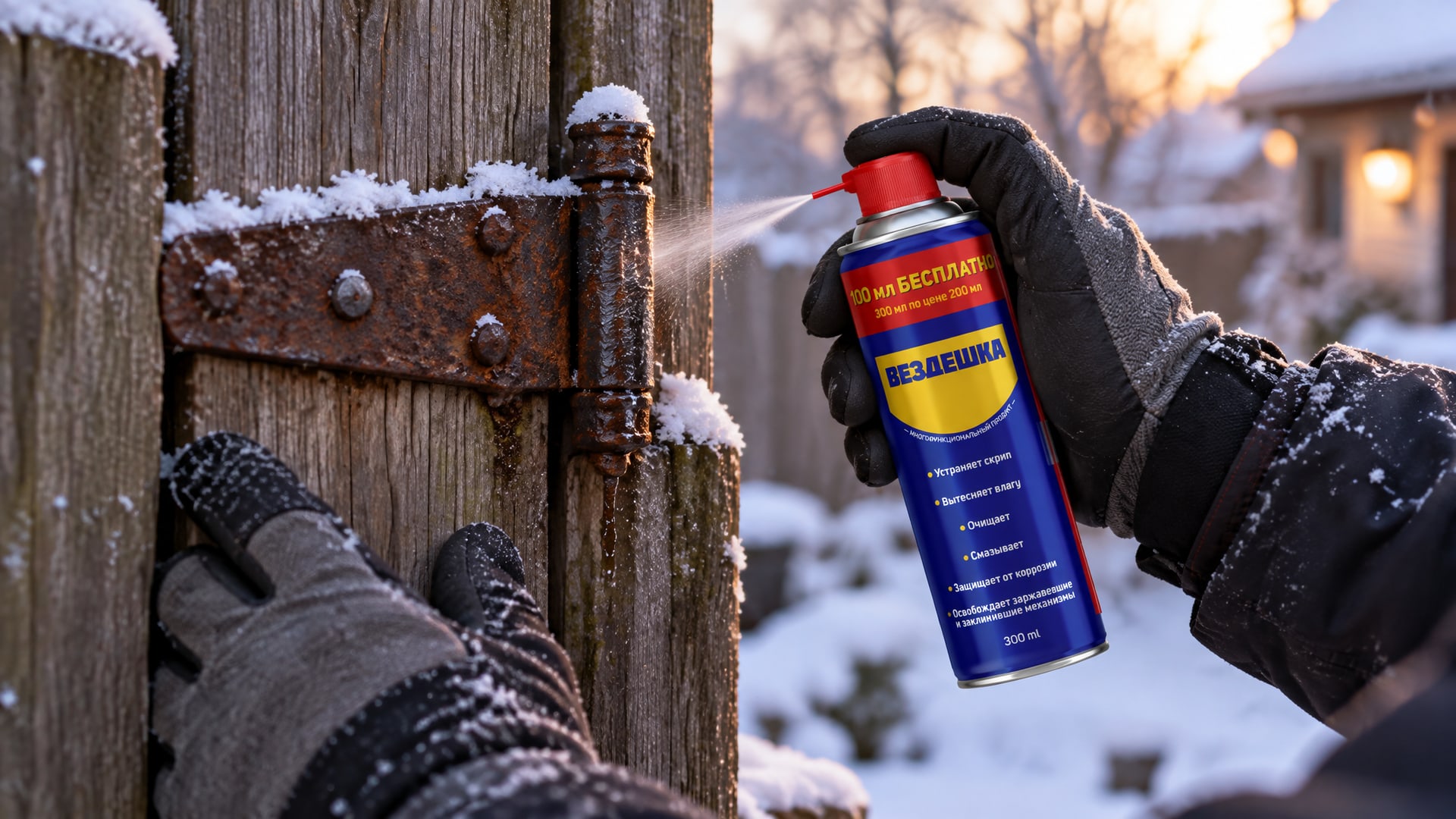 Рука в перчатке наносит универсальную смазку WD-40 на деталь.