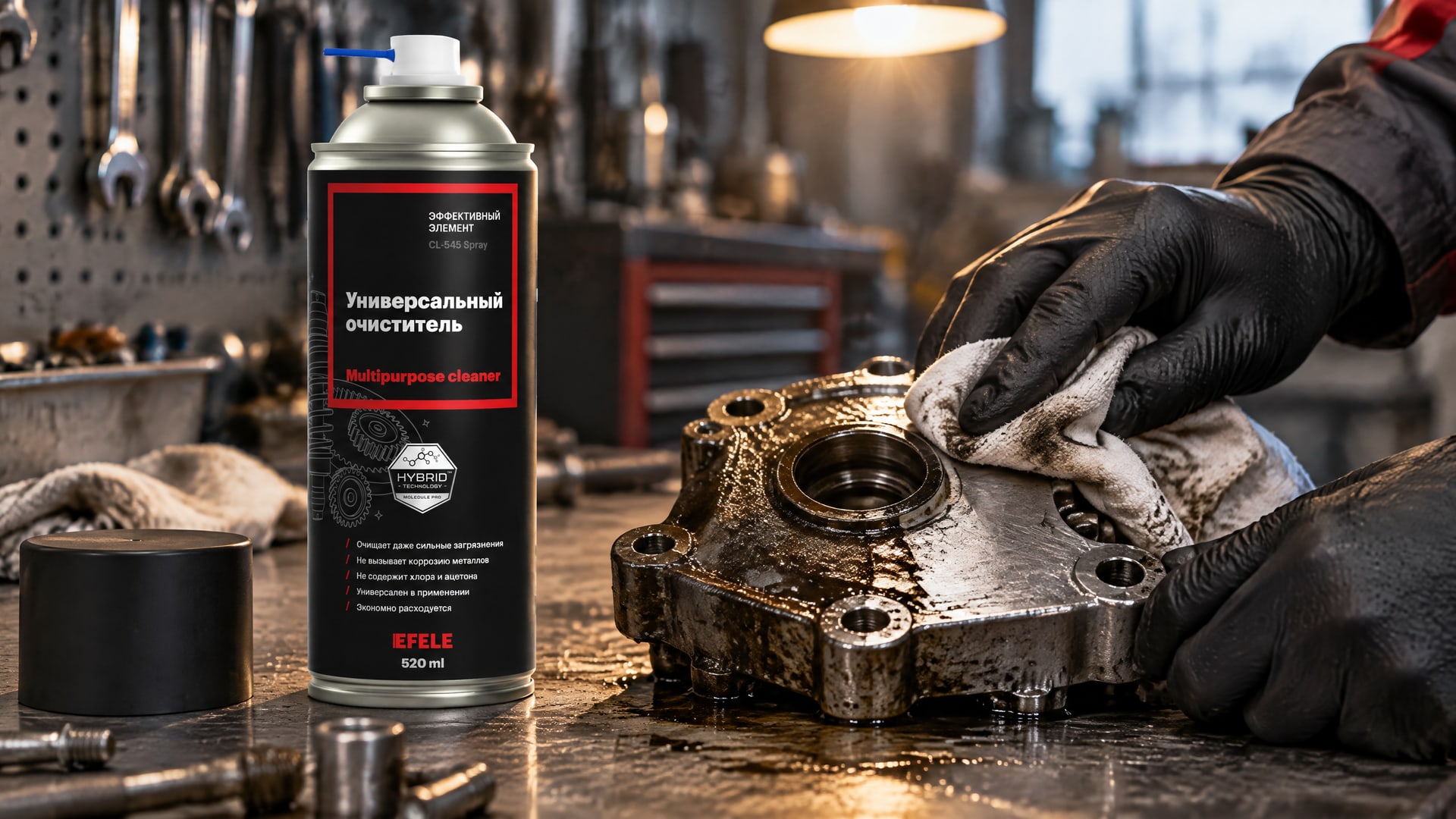 Рука в перчатке наносит EFELE CL-545 Spray (универсальный очиститель) для снижения расхода растворителя.