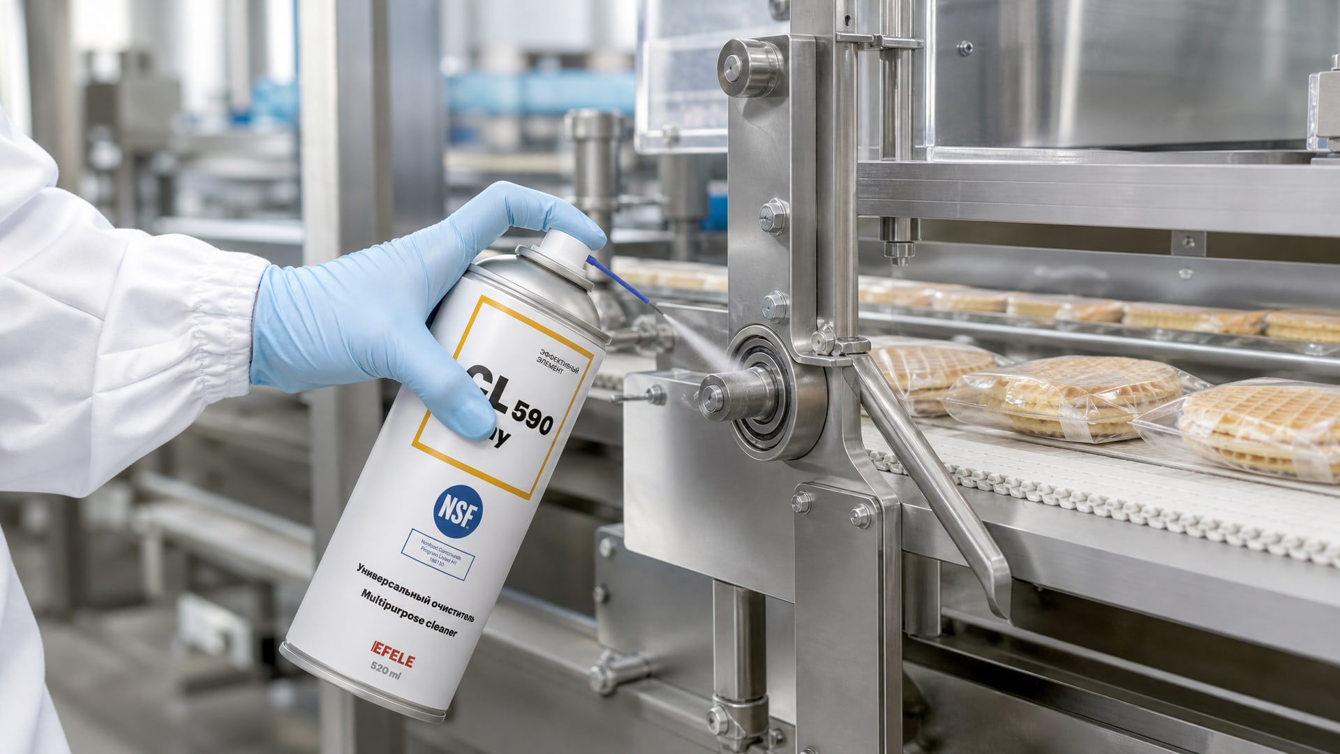 Рука в перчатке наносит EFELE CL-590 Spray на оборудование для смазки в пищевом производстве.