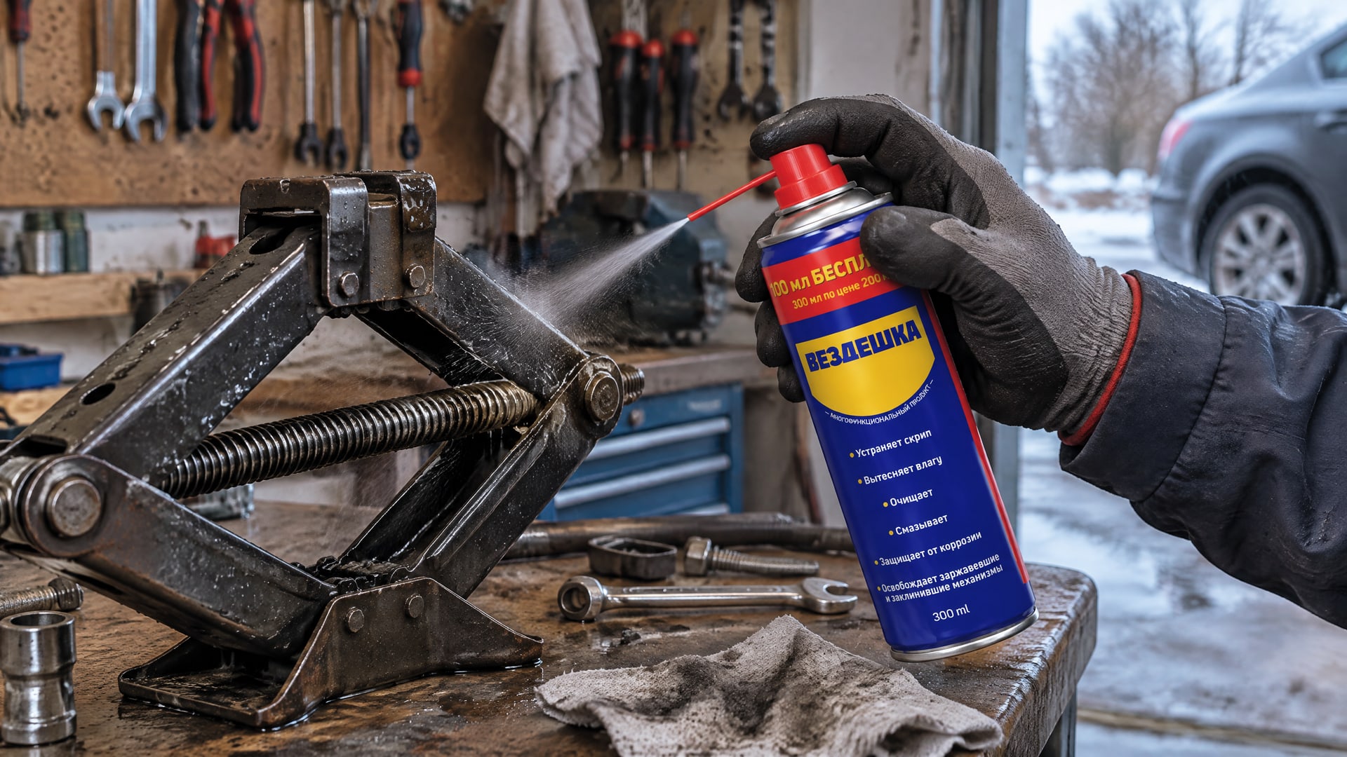 WD40 наносят на домкрат для смазки и защиты.