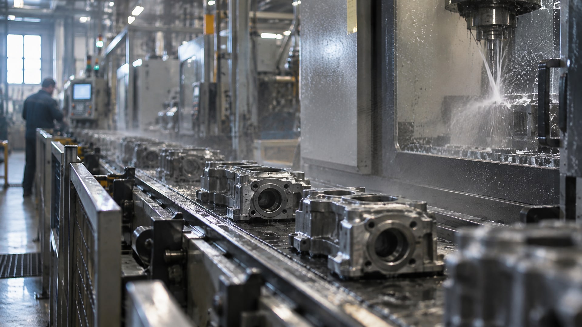 Детали с СОЖ на конвейере, а вокруг оборудования виден легкий туман, контроль сож.