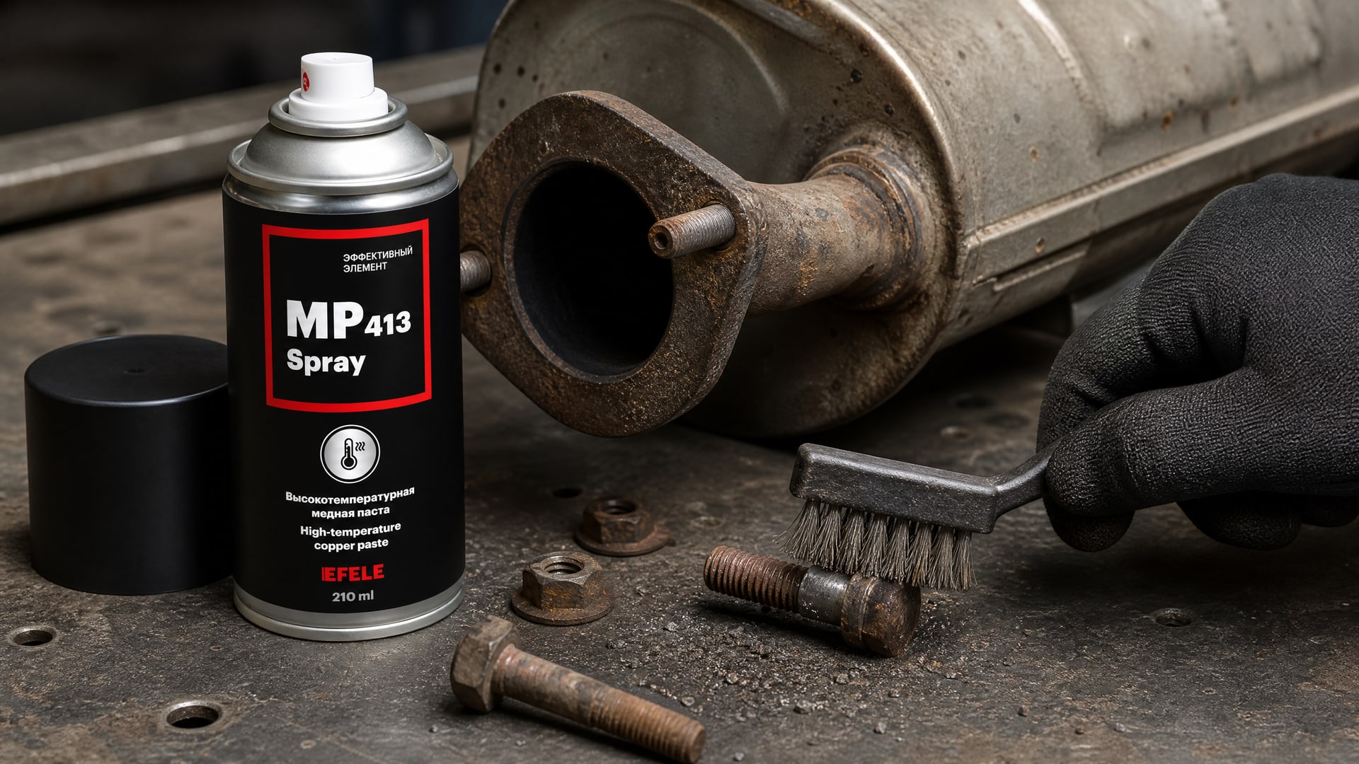 Рука в перчатке обрабатывает болты глушителя EFELE MP-413 Spray.
