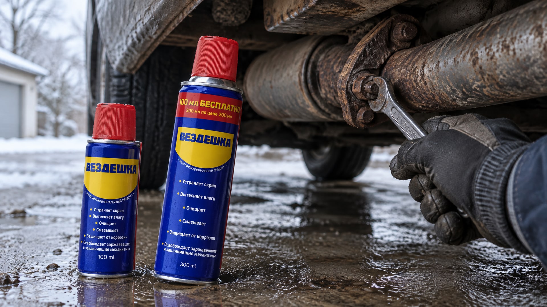 Рука в перчатке наносит универсальную смазку WD40 на болт.