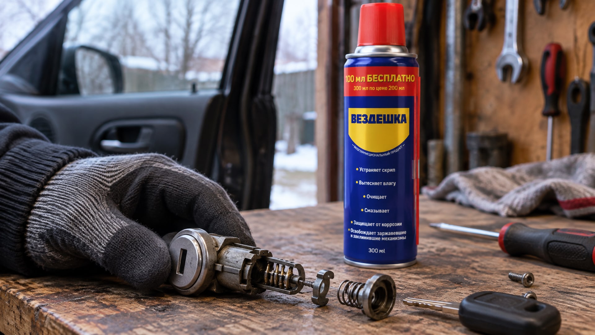 Рука в перчатке наносит универсальную смазку WD-40 на замок.