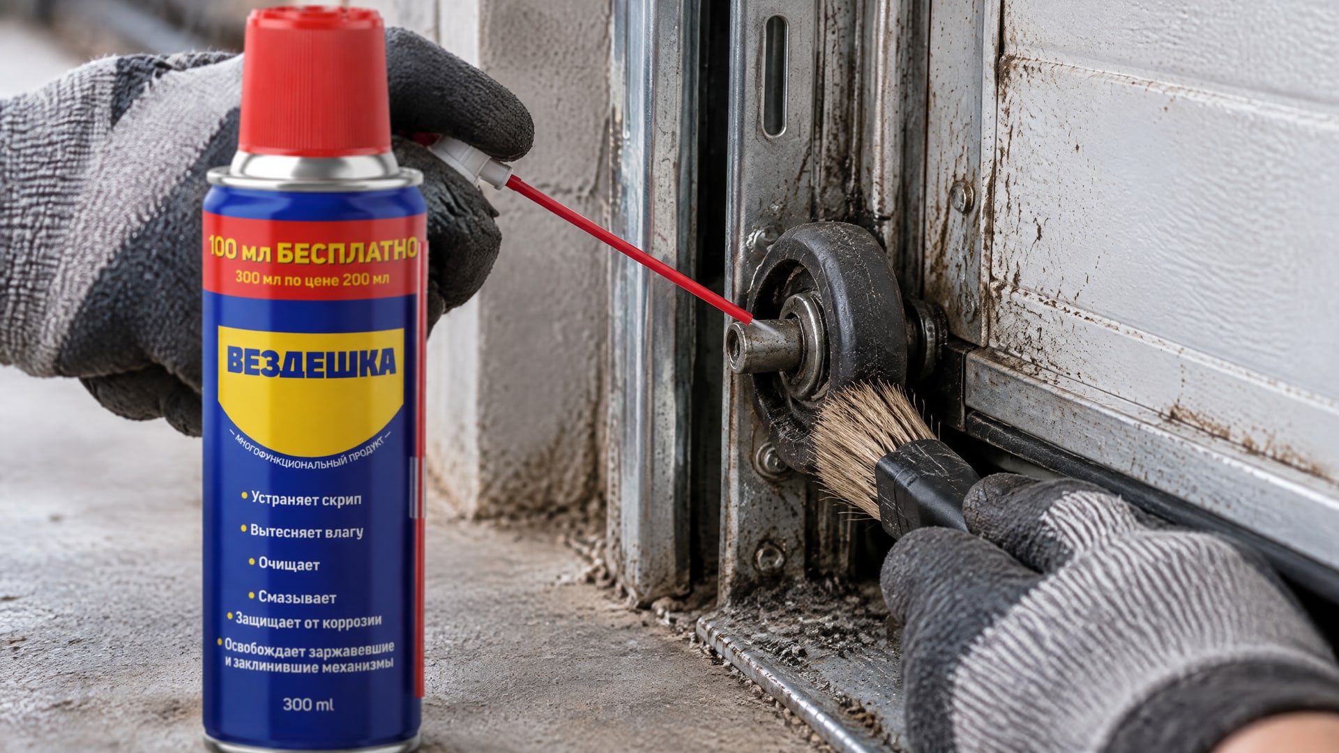 Рука в перчатке наносит универсальную смазку wd-40 на гаражные ворота.