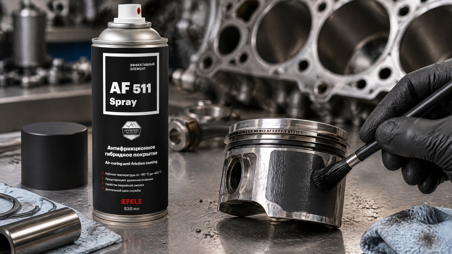 Рука в перчатке наносит EFELE AF-511 Spray для смазки поршней двигателя.