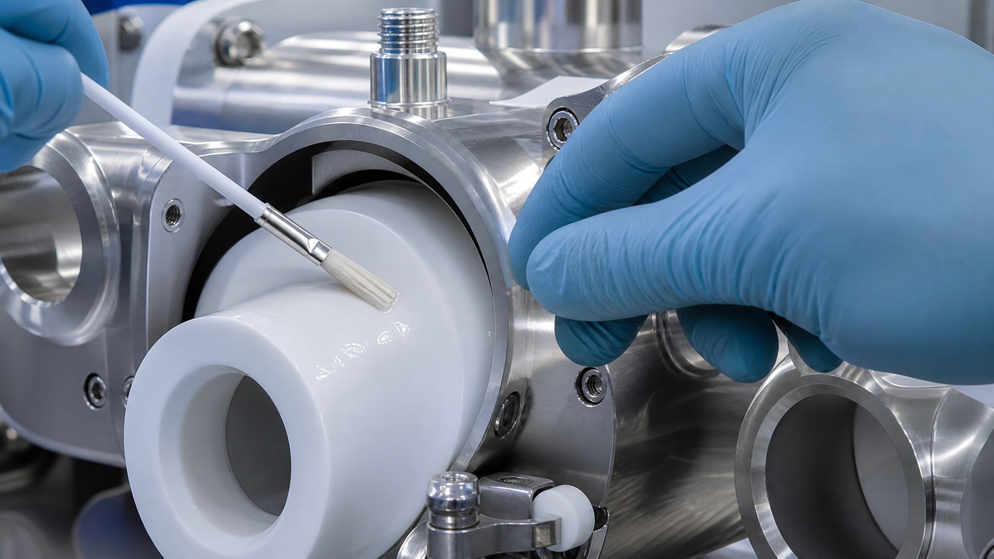 Поверхность компонента пищевого насоса с покрытием PTFE и тонкой пленкой смазки, демонстрирующая низкий коэффициент трения материалов.