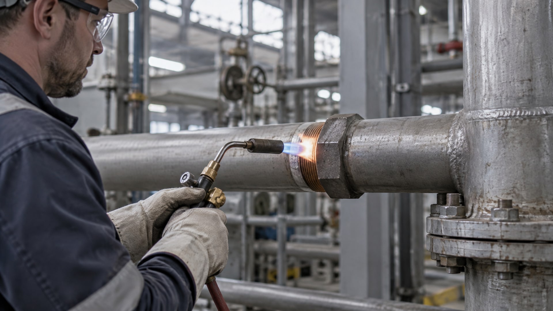 Рабочий греет резьбовое соединение газовой горелкой, чтобы снять анаэробный герметик.