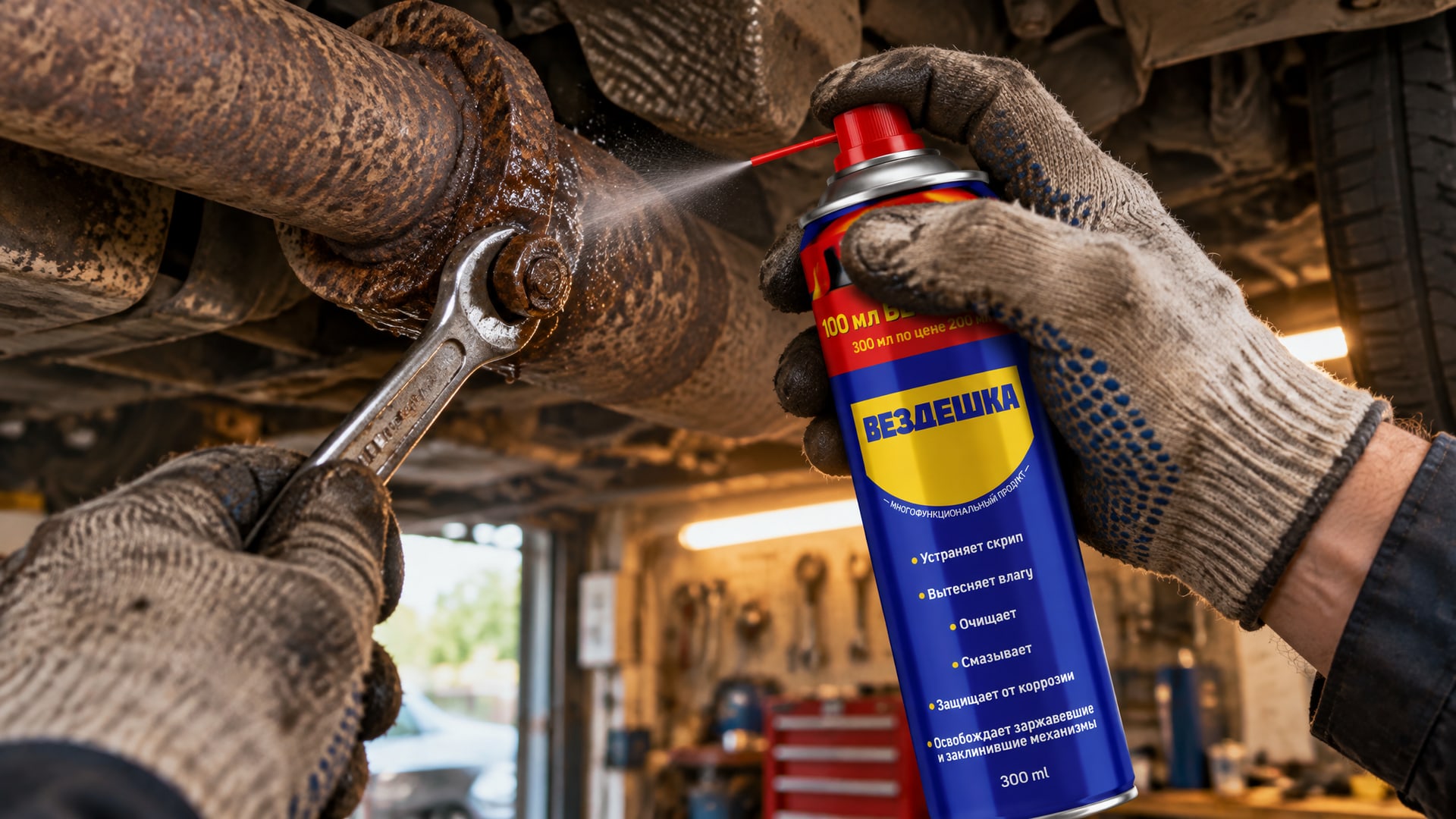 Рука в перчатке наносит универсальную смазку WD-40 на болты глушителя.