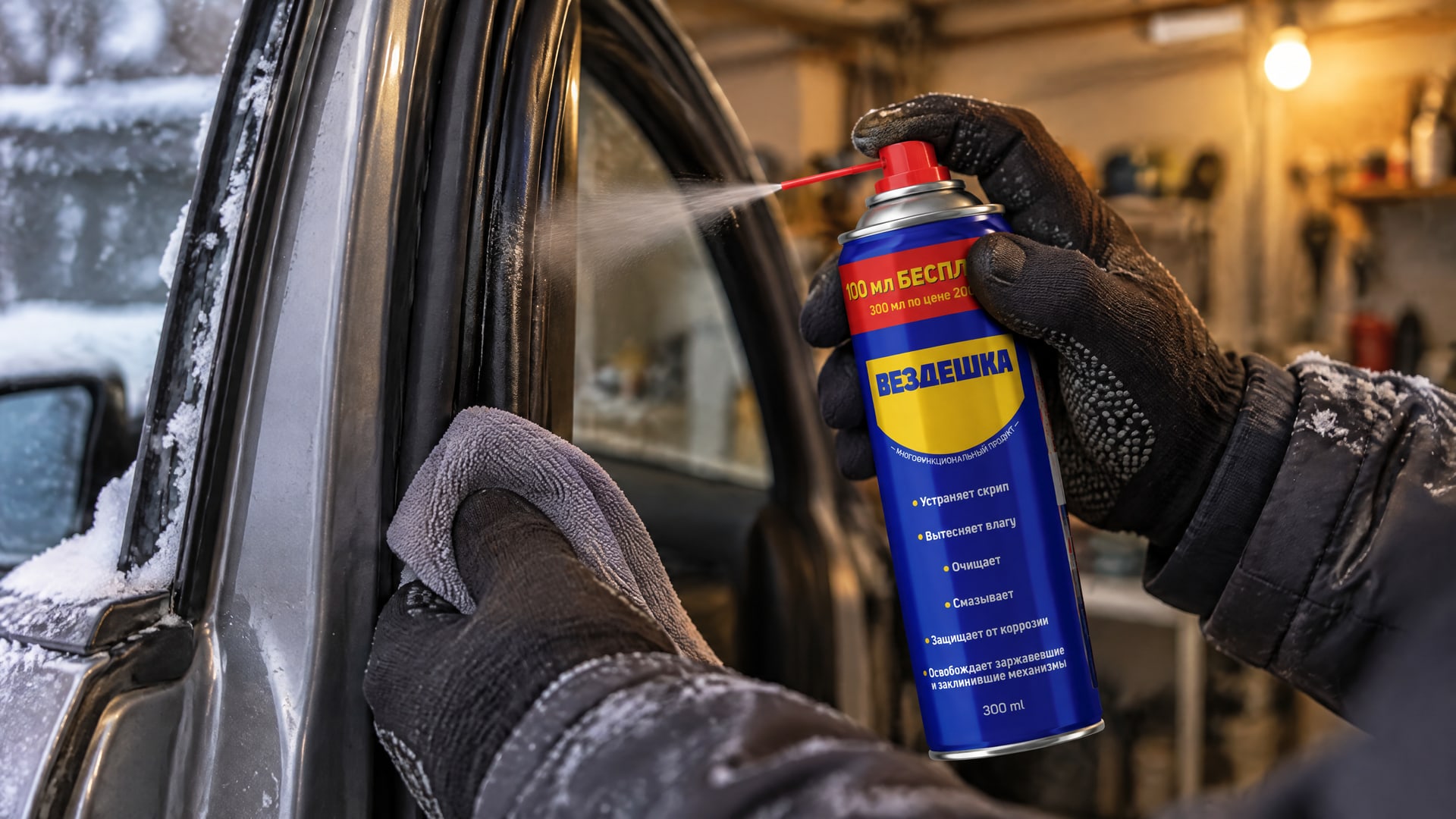 Рука в перчатке наносит смазку wd-40 на уплотнитель двери.