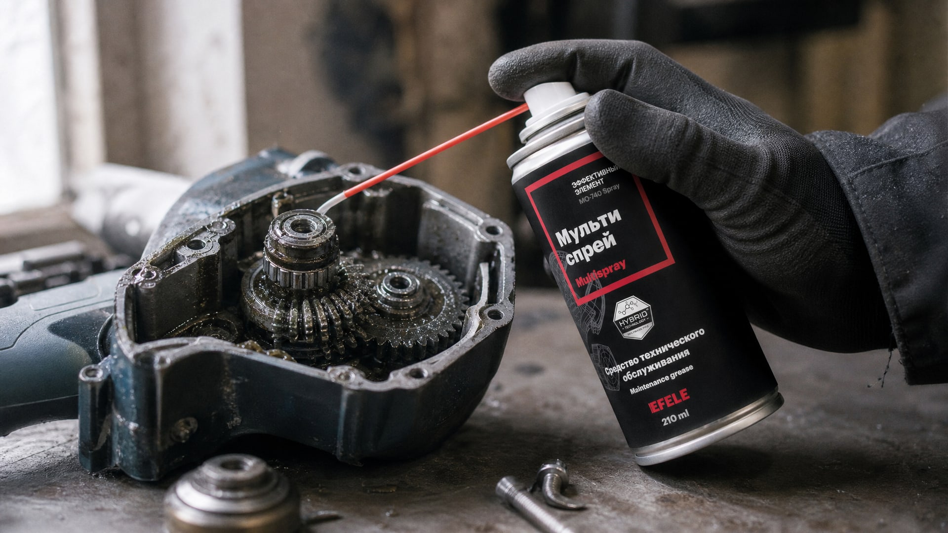 Рука в перчатке наносит мультиспрей EFELE MO-740 Spray, смазка для электроинструмента.