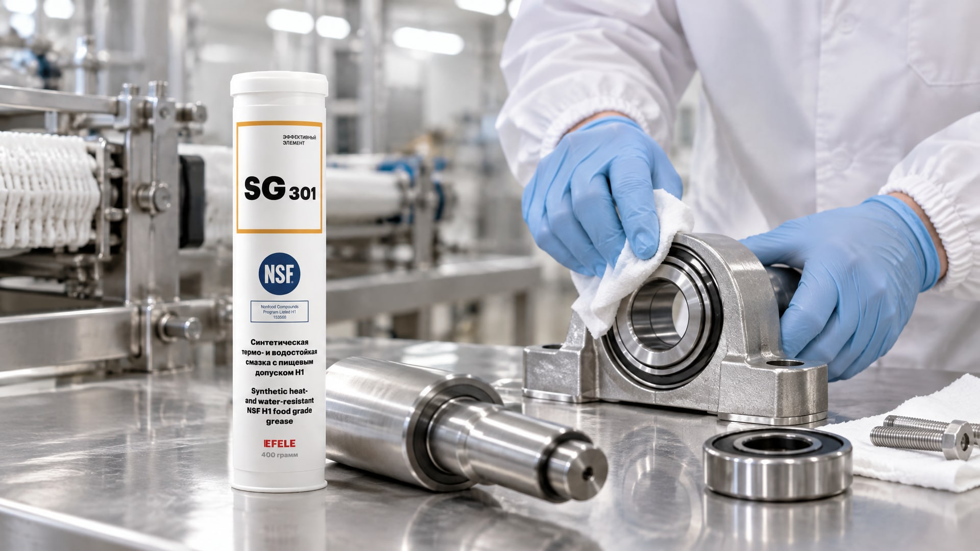 Рука в перчатке наносит EFELE SG-301 на упаковку продукта.