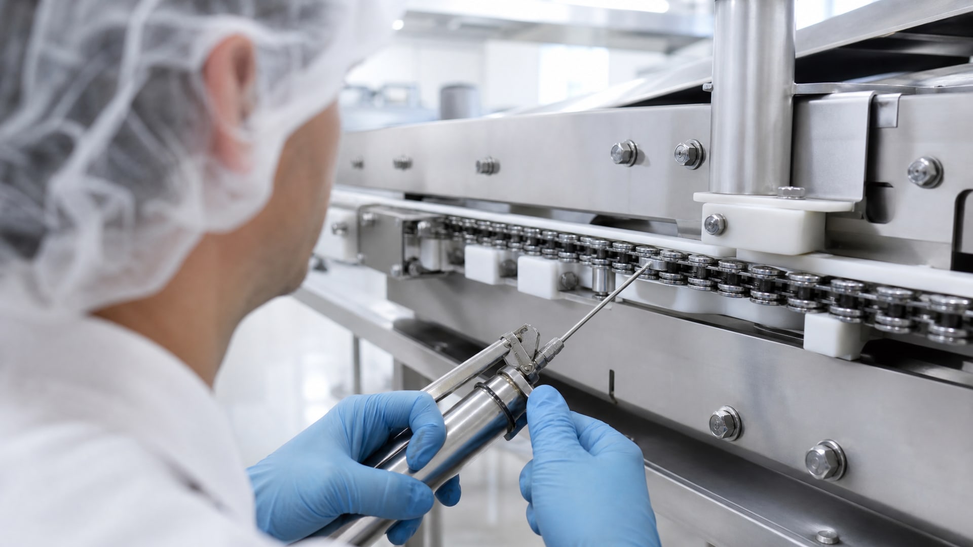 Работник на пищевом производстве аккуратно наносит смазку допуск NSF H1 на движущийся конвейерный механизм.