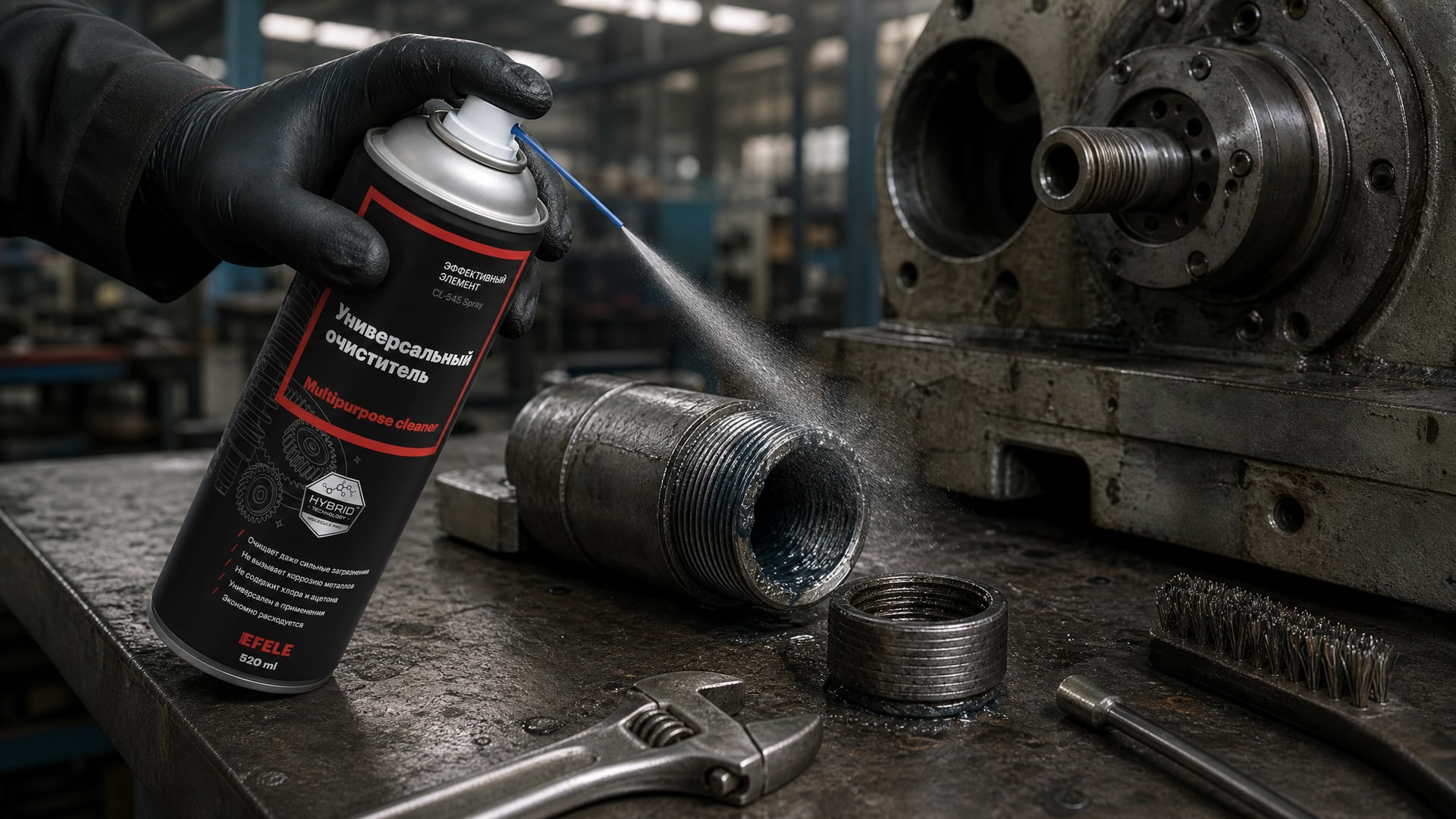Рука в перчатке наносит EFELE CL-545 Spray, чтобы удалить анаэробный герметик.