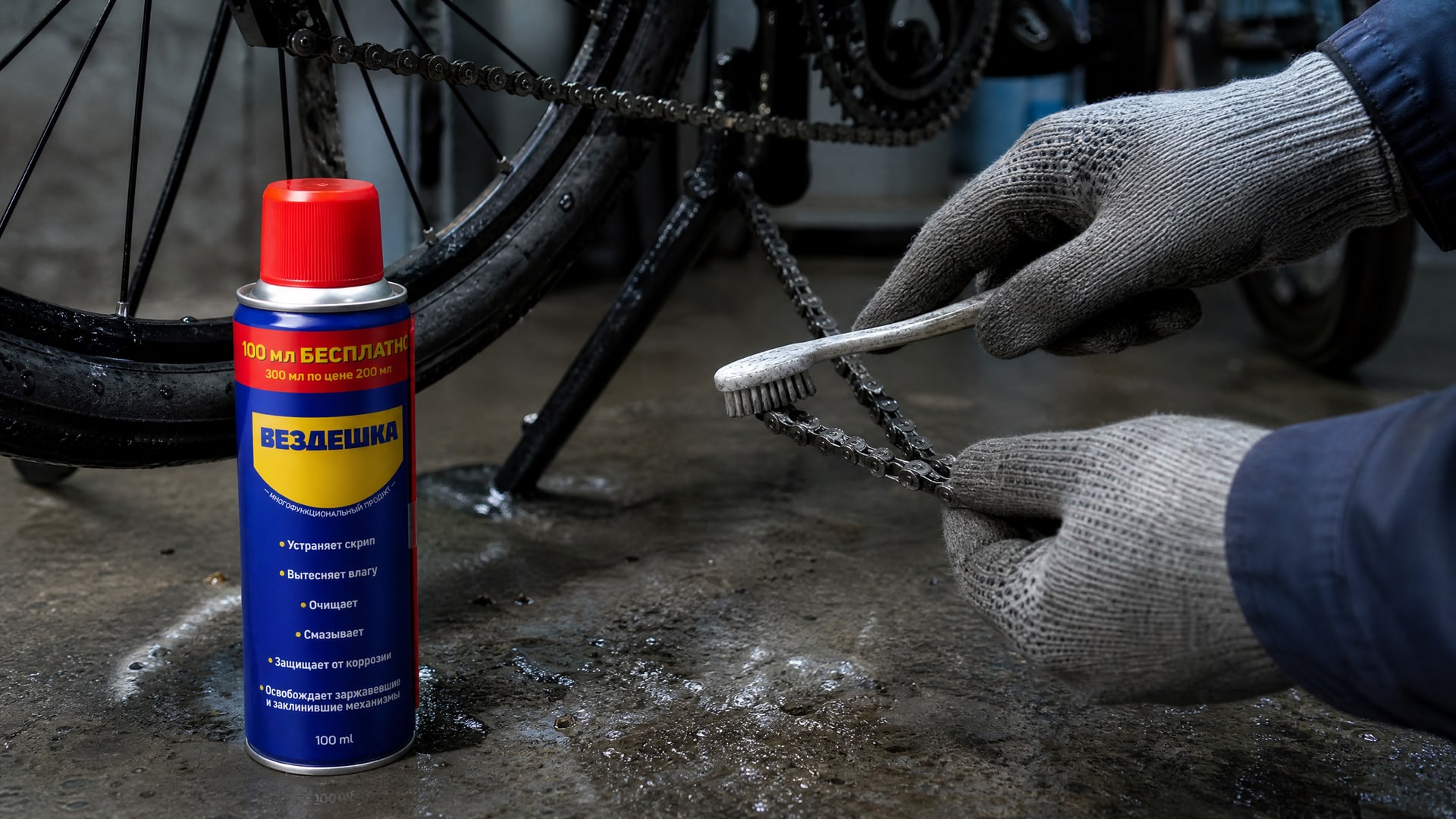 Рука в перчатке наносит универсальную смазку WD40 на цепь.