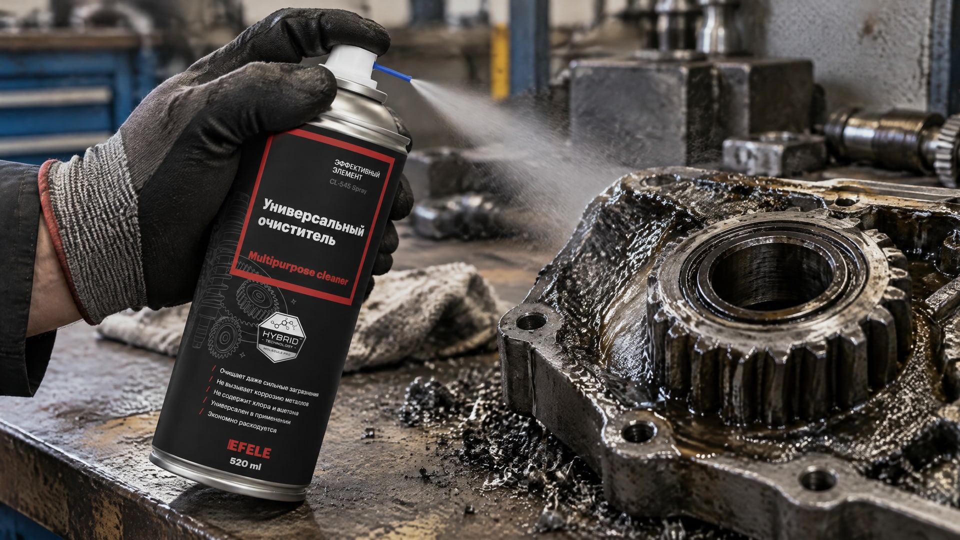 Рука наносит EFELE CL-545 Spray (универсальный очиститель) для улучшения адгезии.