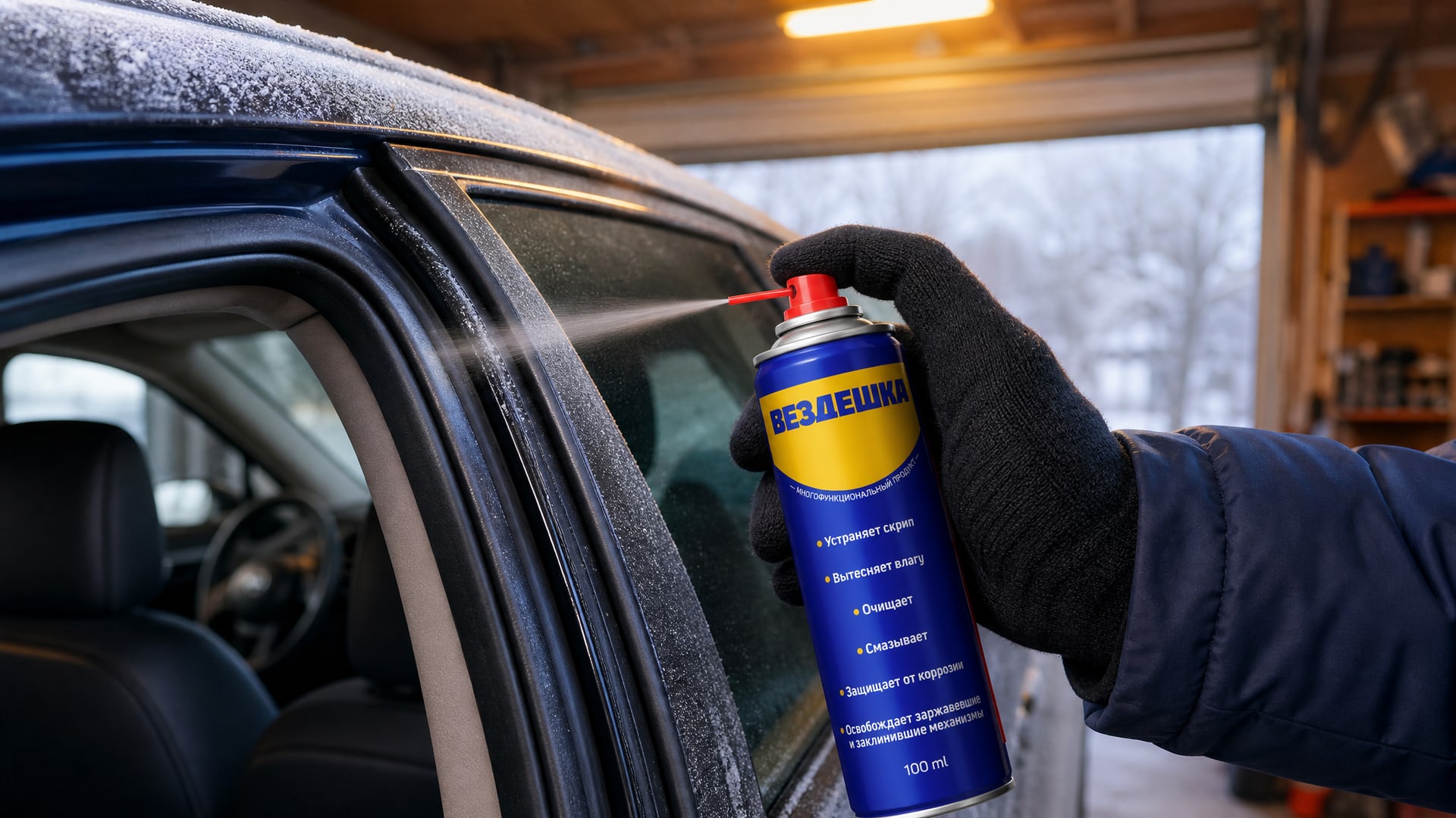 Рука наносит универсальную смазку wd-40 на уплотнитель автомобильной двери.