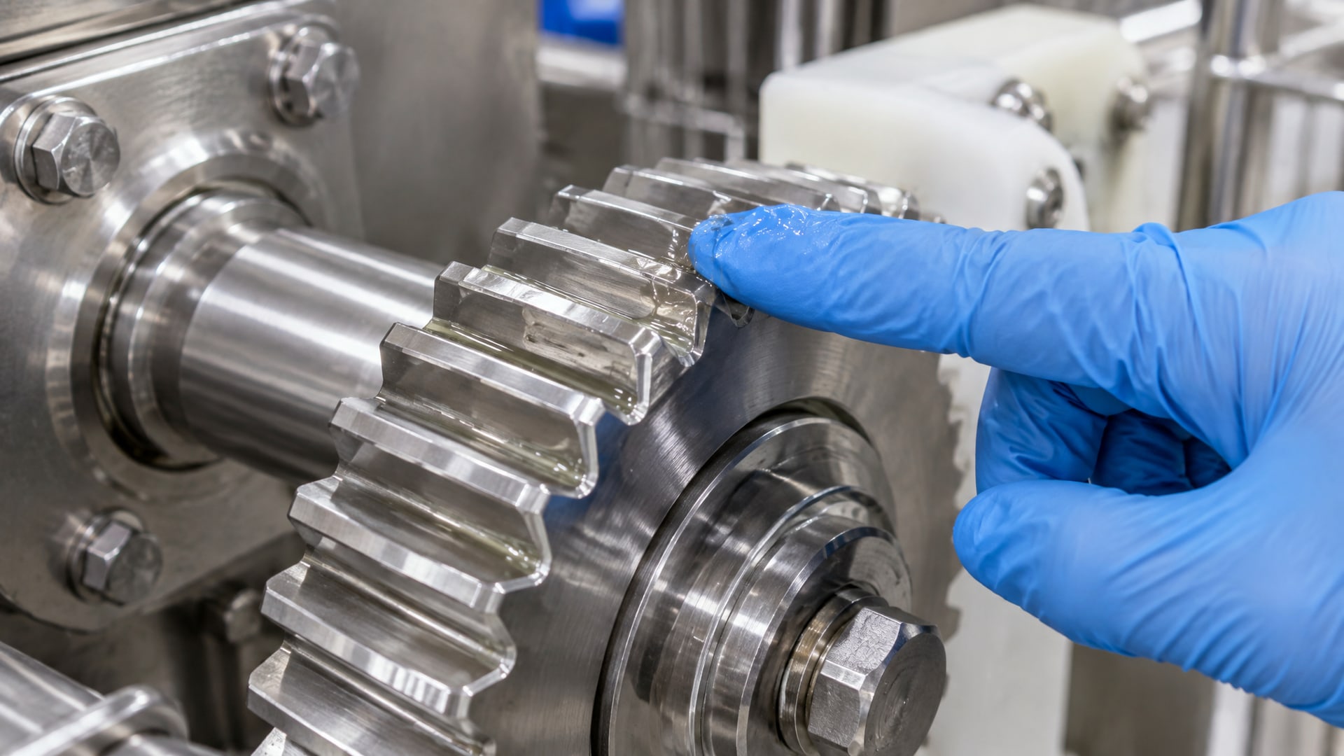 Тонкая пленка смазки H1 на зубьях стальной шестерни, смазки H1 аудит HACCP.